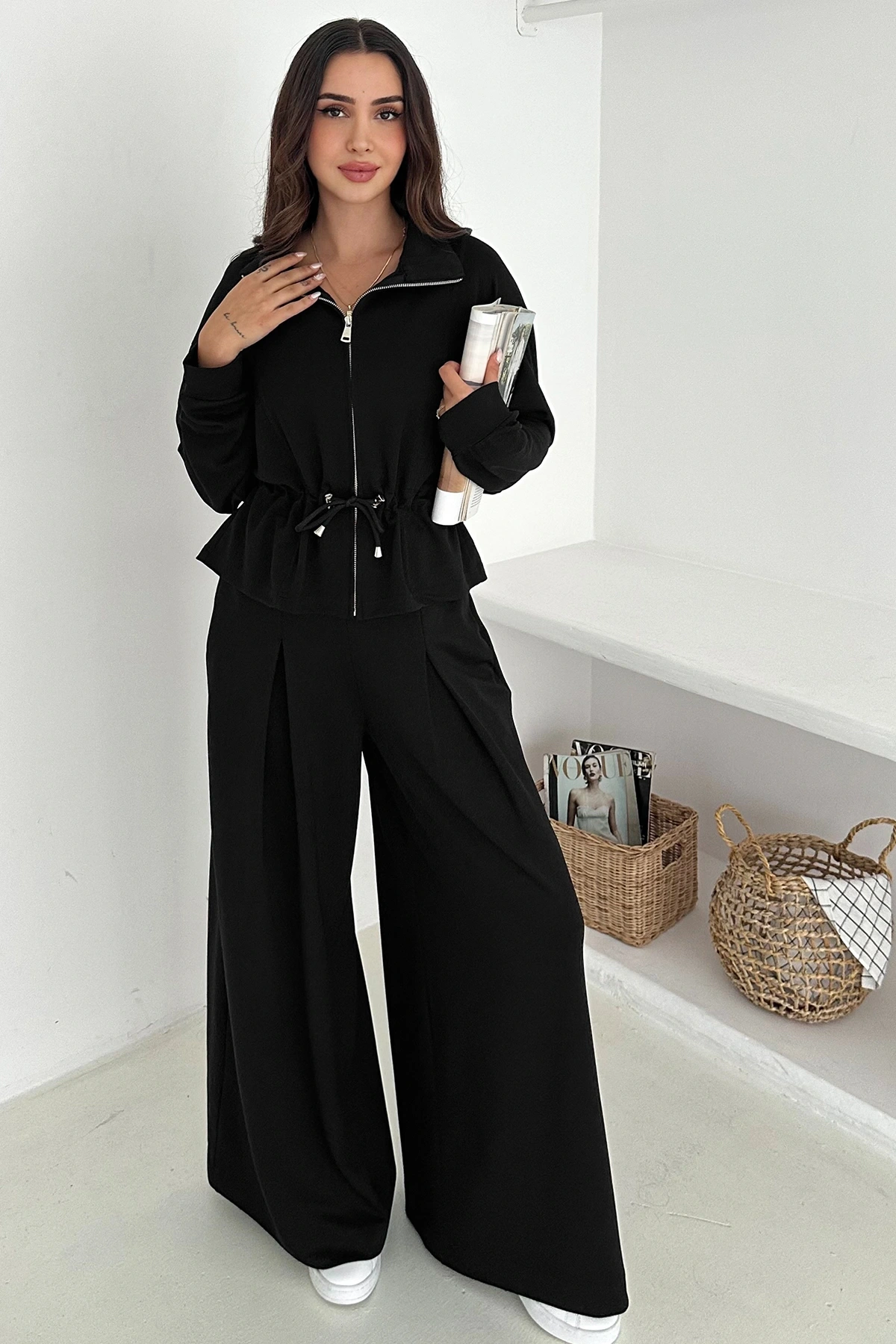 Fermuarlı Bel Detaylı Palazo Pantolonlu Modal Takım