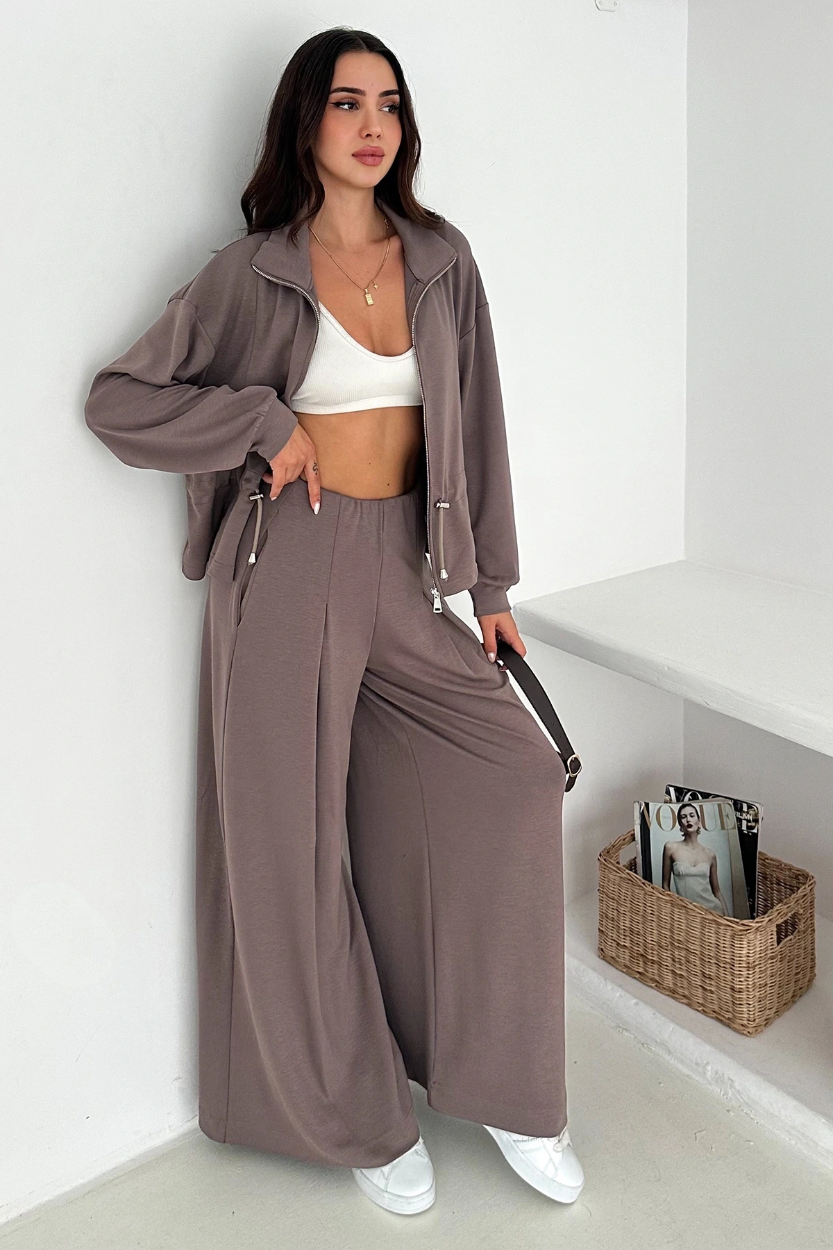 Fermuarlı Bel Detaylı Palazo Pantolonlu Modal Takım