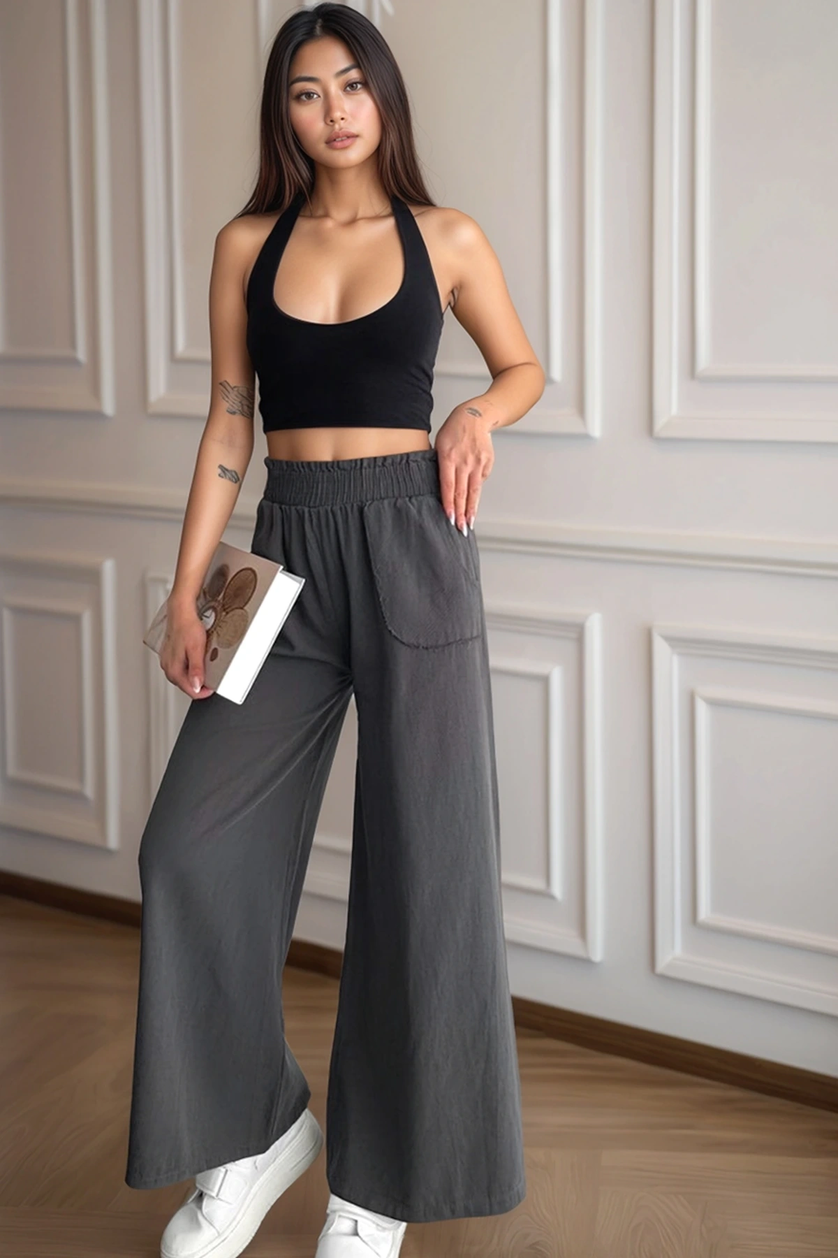 Kadın Bel Lastikli Cepli Bol Paça Koton Füme Pantolon