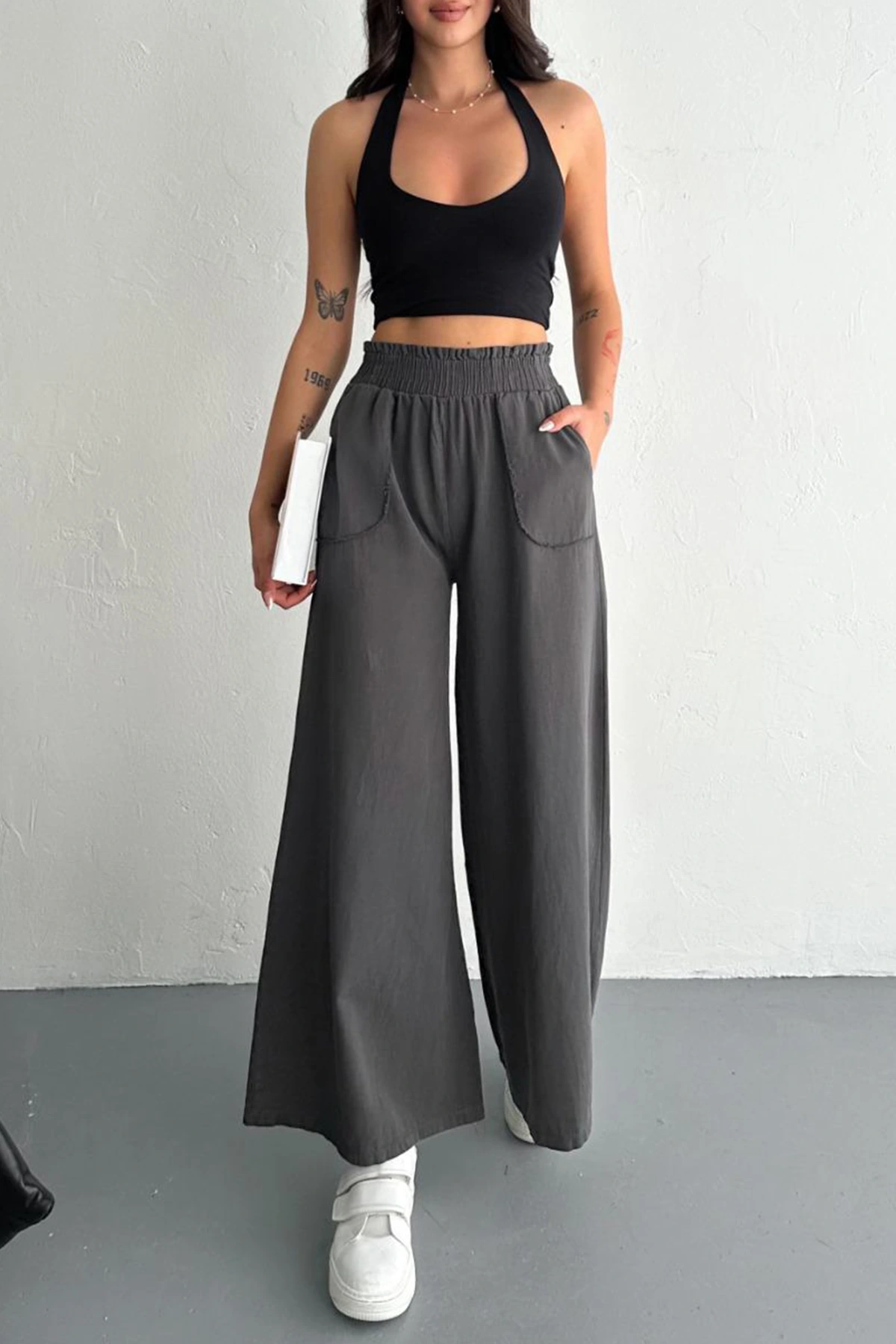 Kadın Bel Lastikli Cepli Bol Paça Koton Füme Pantolon