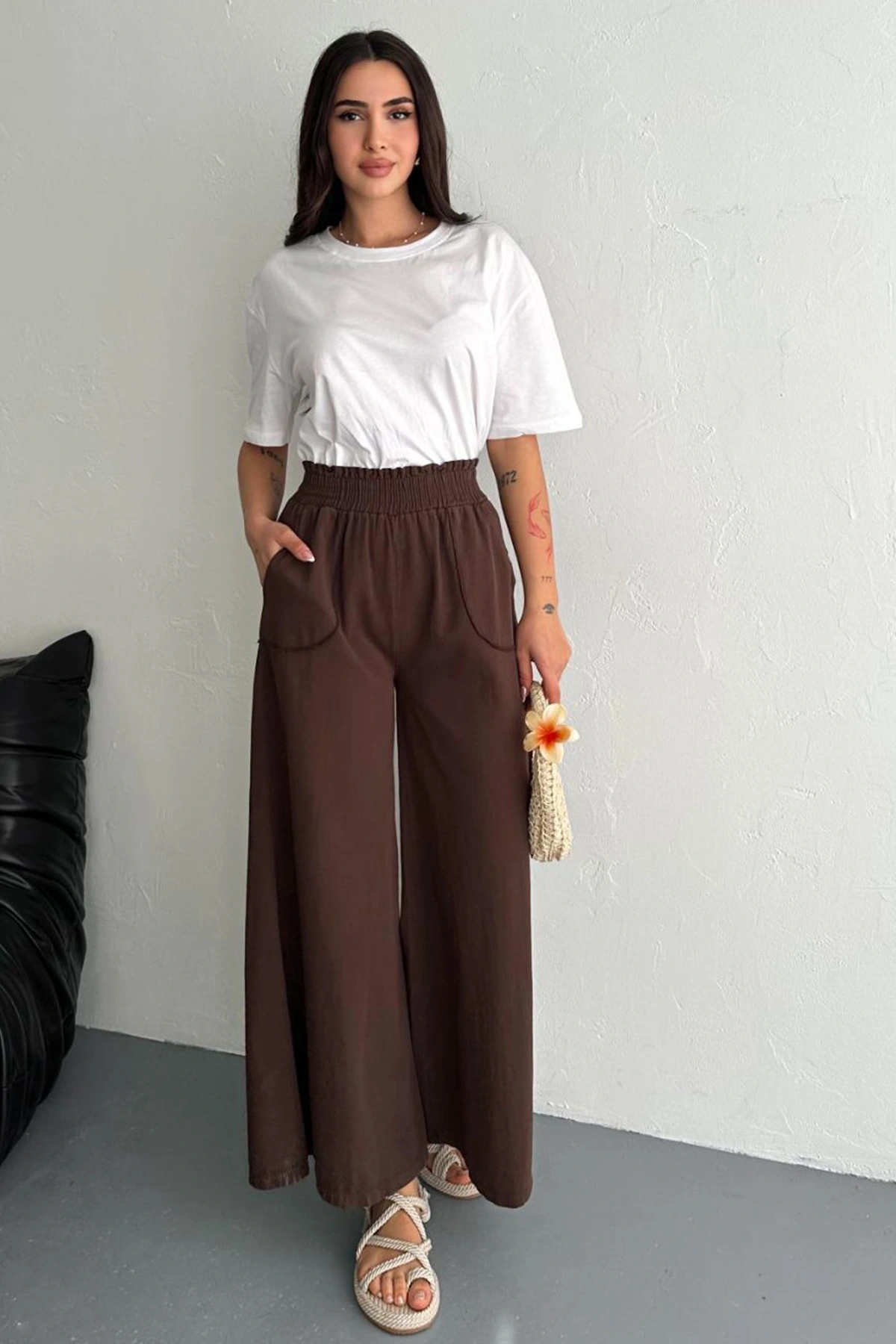 Kadın Bel Lastikli Cepli Bol Paça Koton Kahve Pantolon
