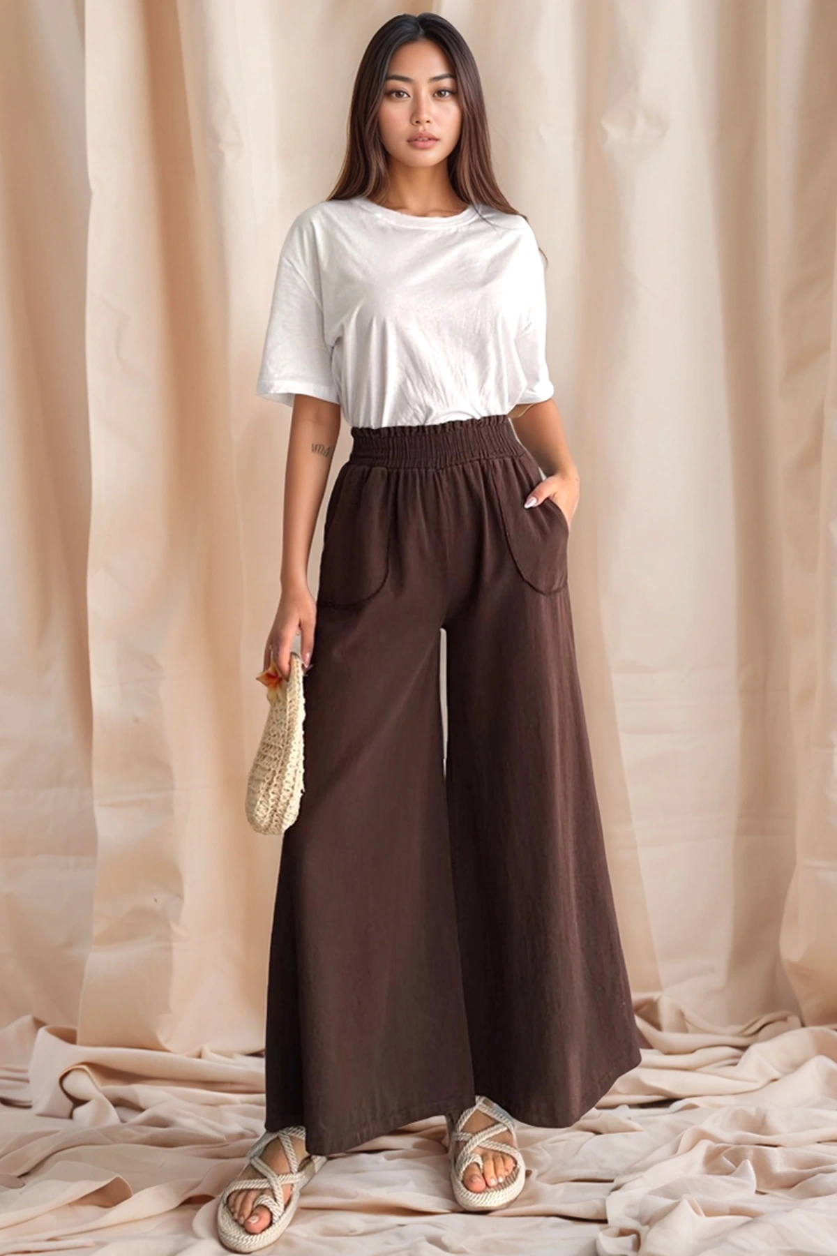 Kadın Bel Lastikli Cepli Bol Paça Koton Kahve Pantolon