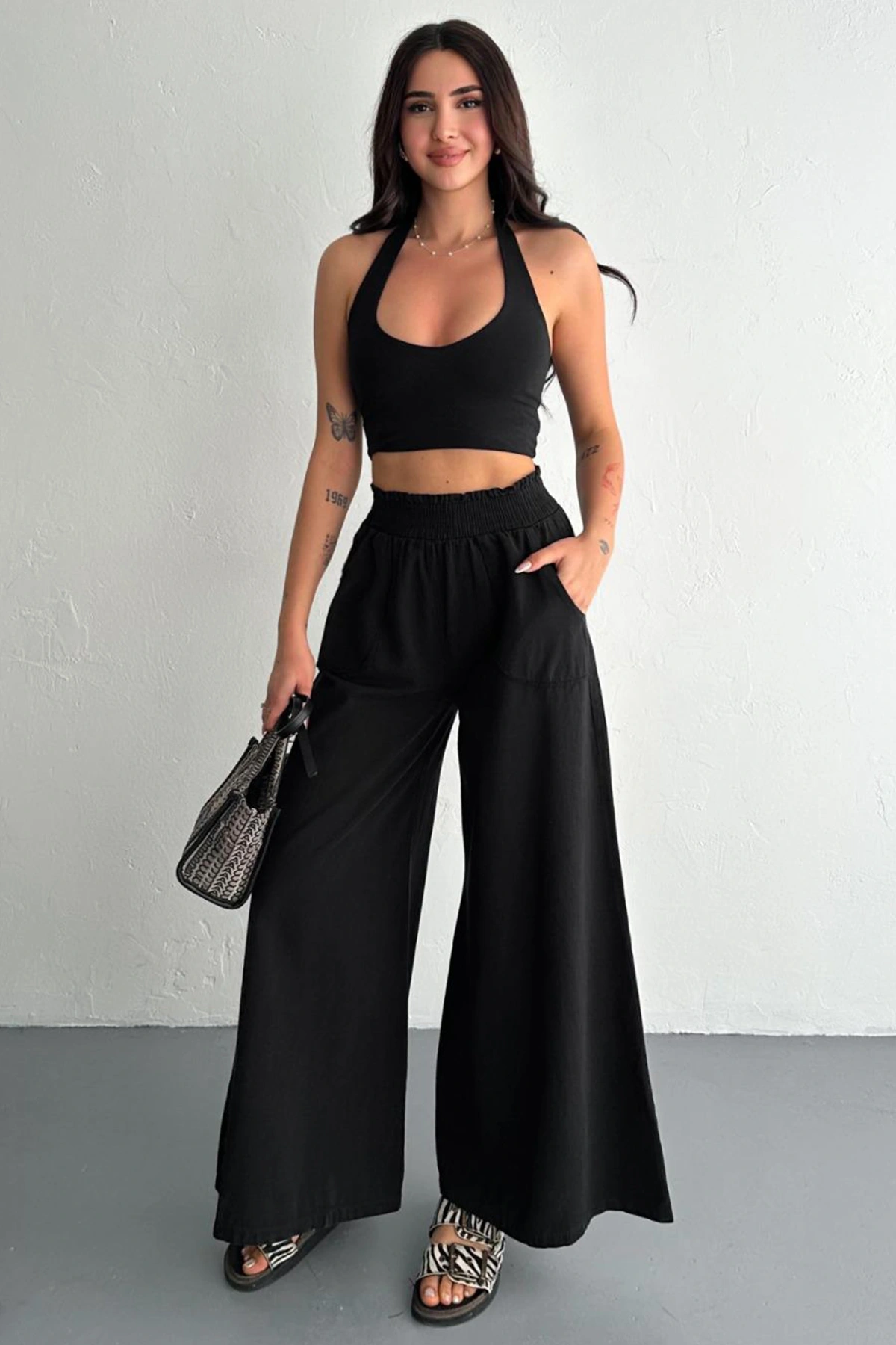 Kadın Bel Lastikli Cepli Bol Paça Koton Siyah Pantolon
