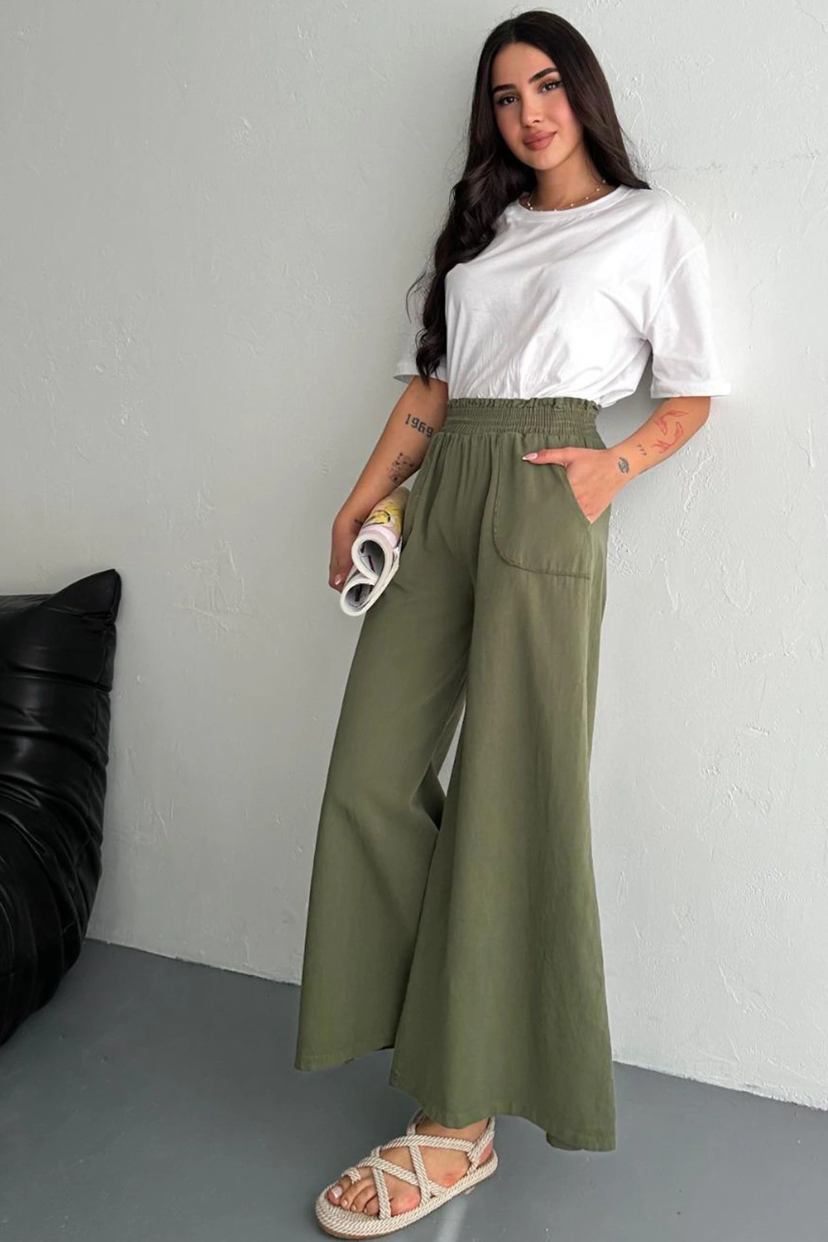 Kadın Bel Lastikli Cepli Bol Paça KotonHaki Pantolon