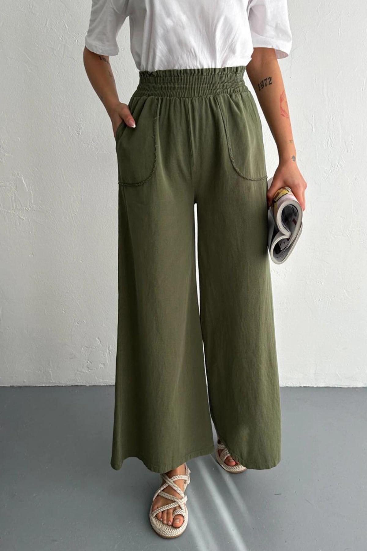 Kadın Bel Lastikli Cepli Bol Paça KotonHaki Pantolon