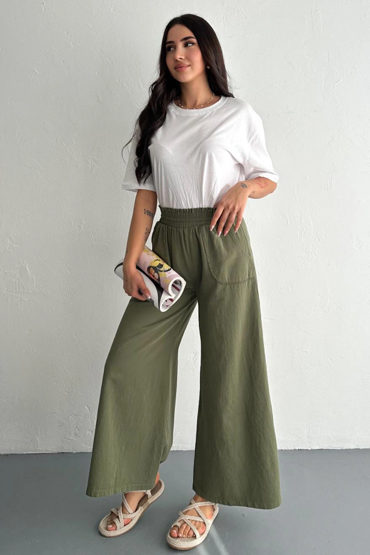 Kadın Bel Lastikli Cepli Bol Paça KotonHaki Pantolon