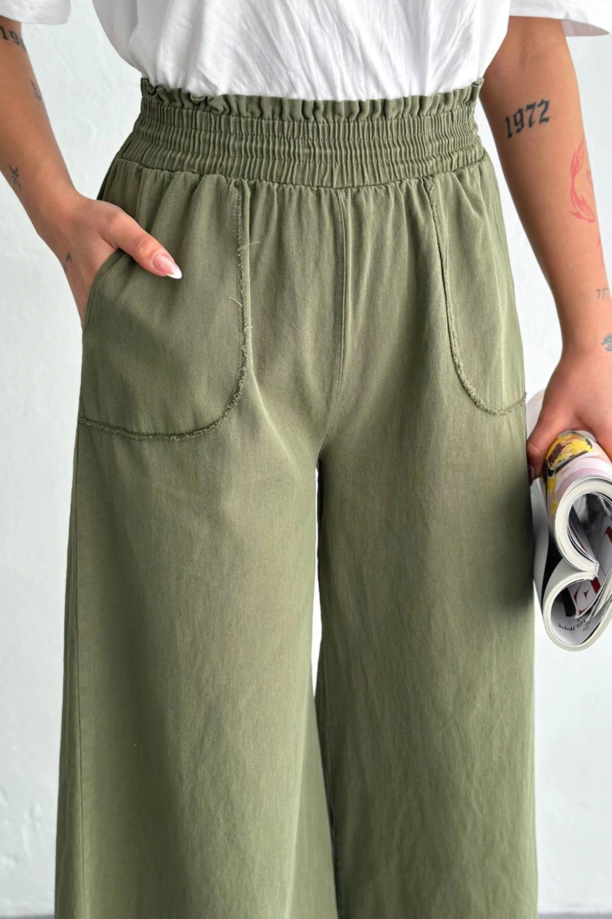 Kadın Bel Lastikli Cepli Bol Paça KotonHaki Pantolon