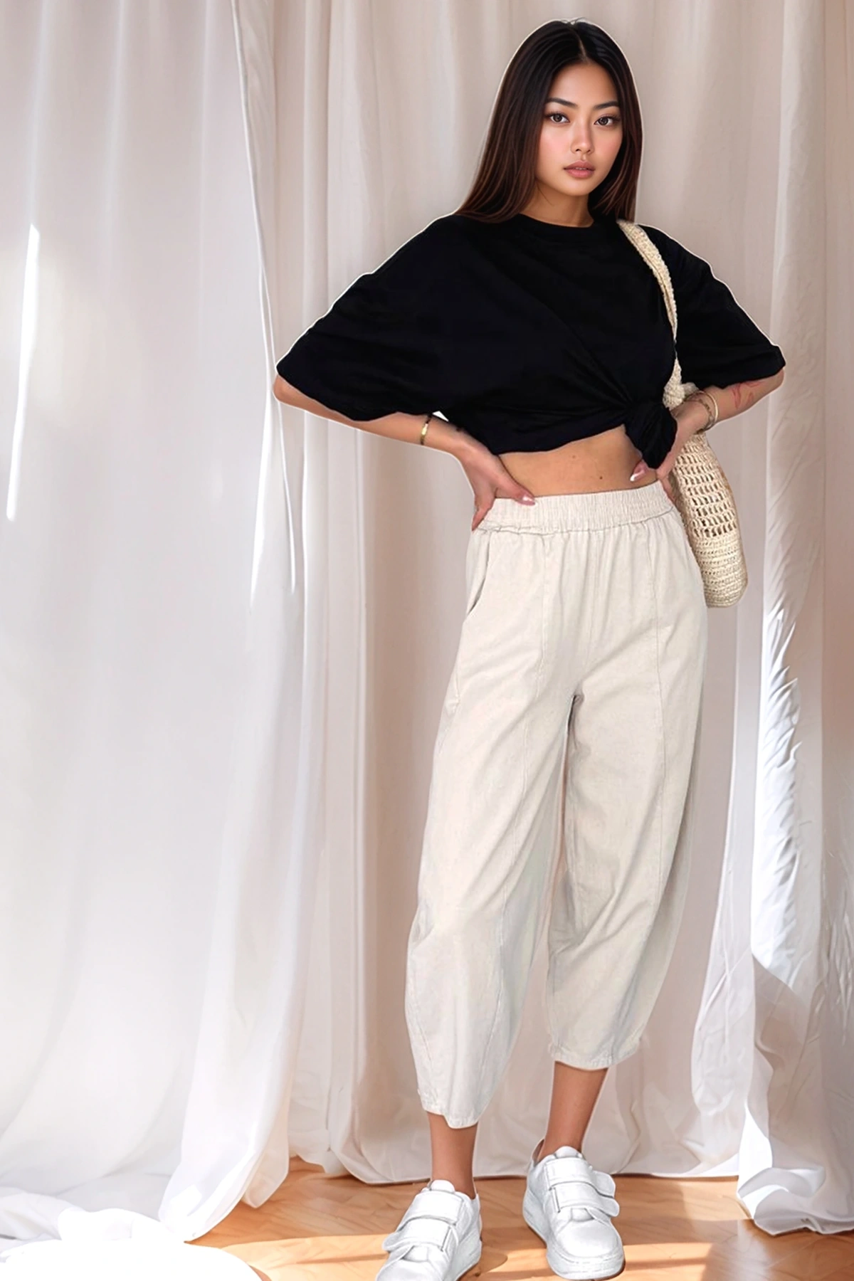 Kadın Pamuklu Bel Lastikli Dikiş Detaylı Bej Gabardin Kumaş Pantolon