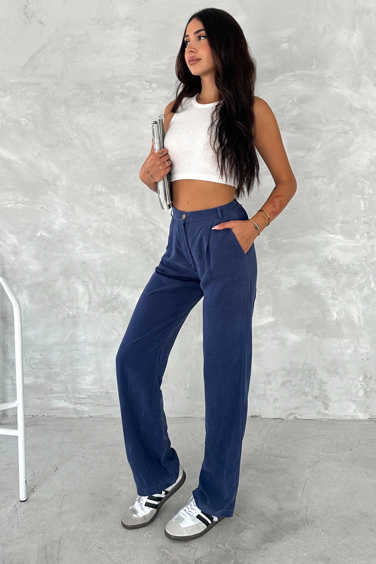 Kadın Eco-Touch Pantolon – Cepli, Lastikli Bel, Günlük Rahat Kesim Lacivert