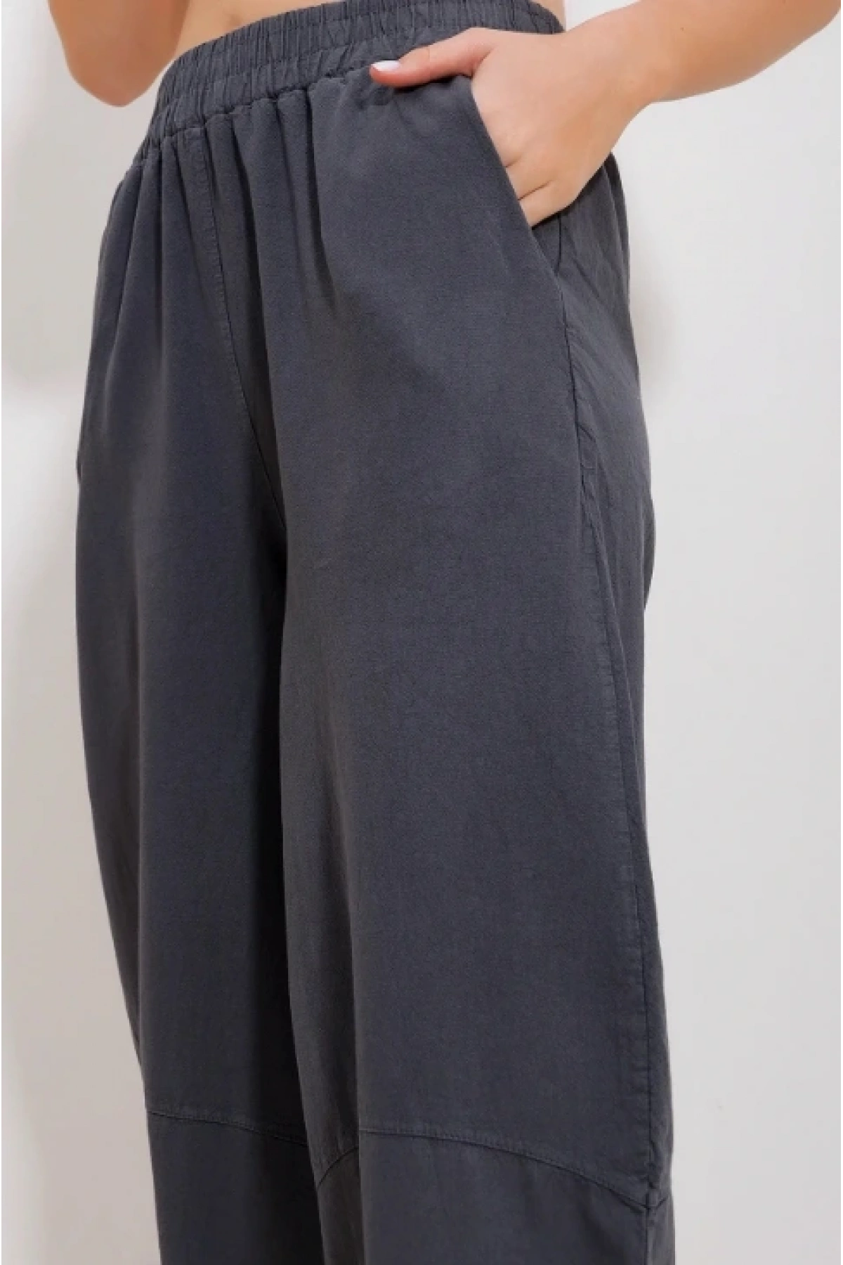 Kadın Füme Gabardin Şalvar Pantolon – Lastikli Bel, Cepli, Rahat Kesim