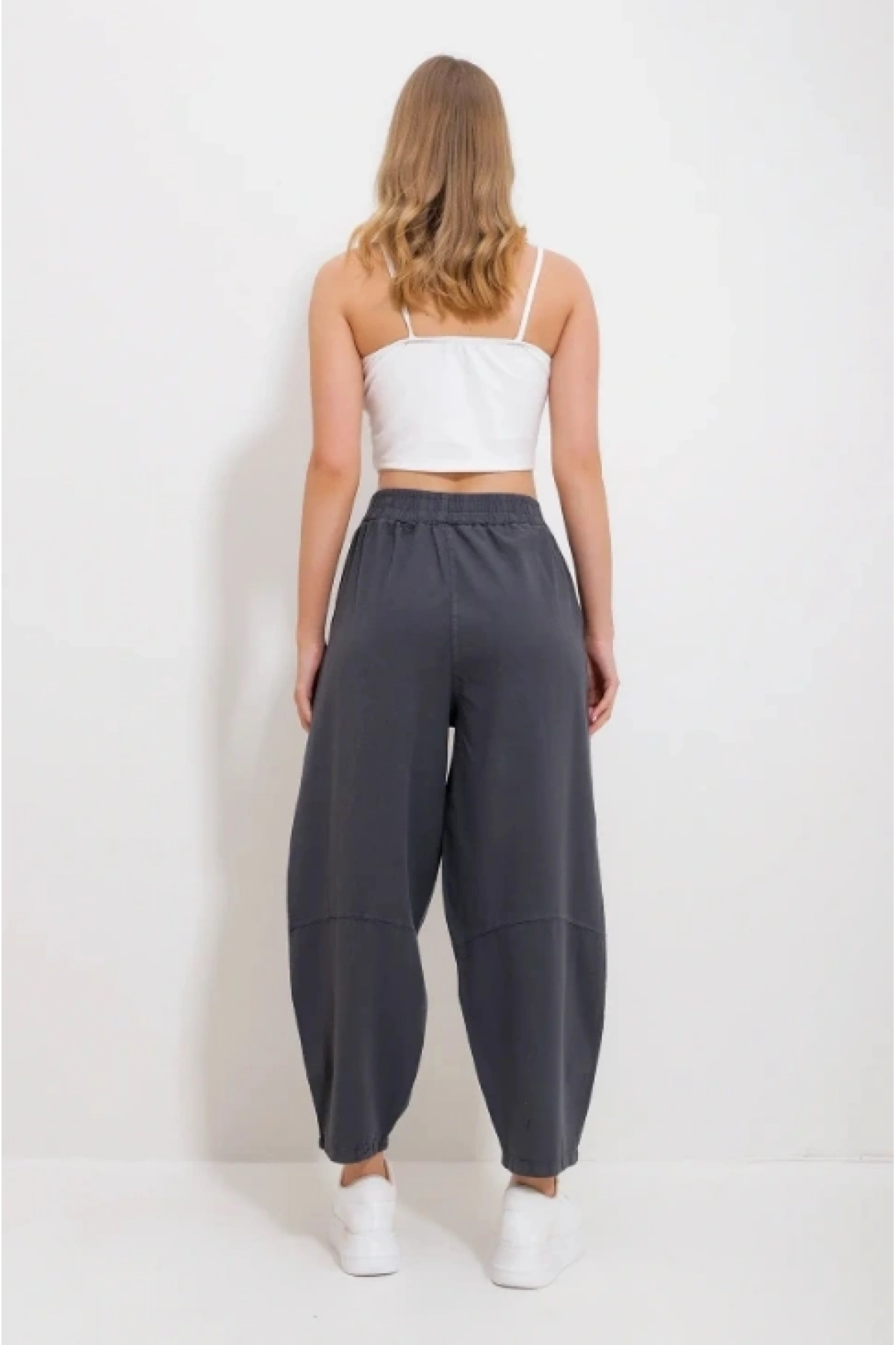 Kadın Füme Gabardin Şalvar Pantolon – Lastikli Bel, Cepli, Rahat Kesim