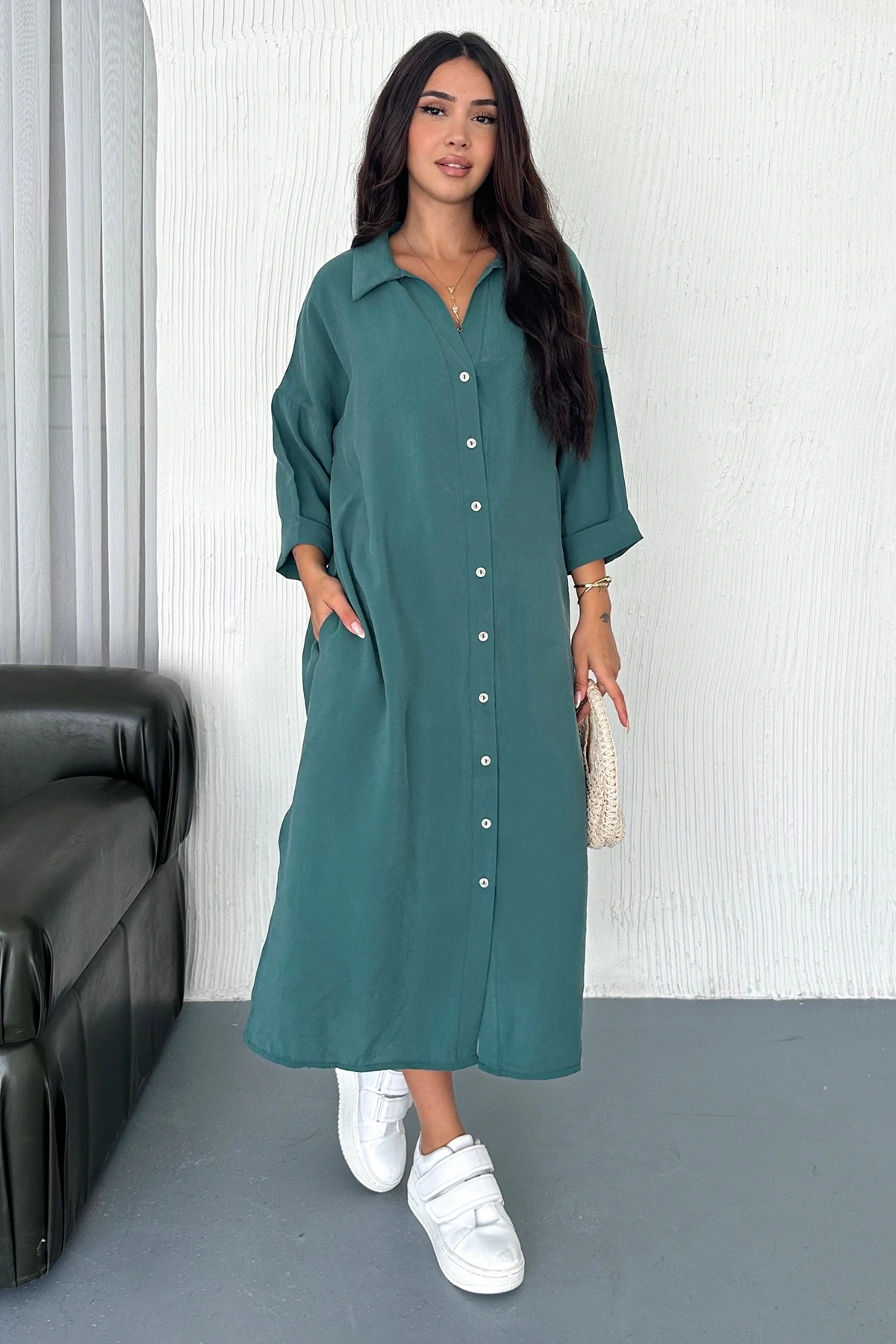 Kadın Oversize Modal Gömlek Elbise – Cepli, Düğmeli, Yazlık Rahat Model Çağla