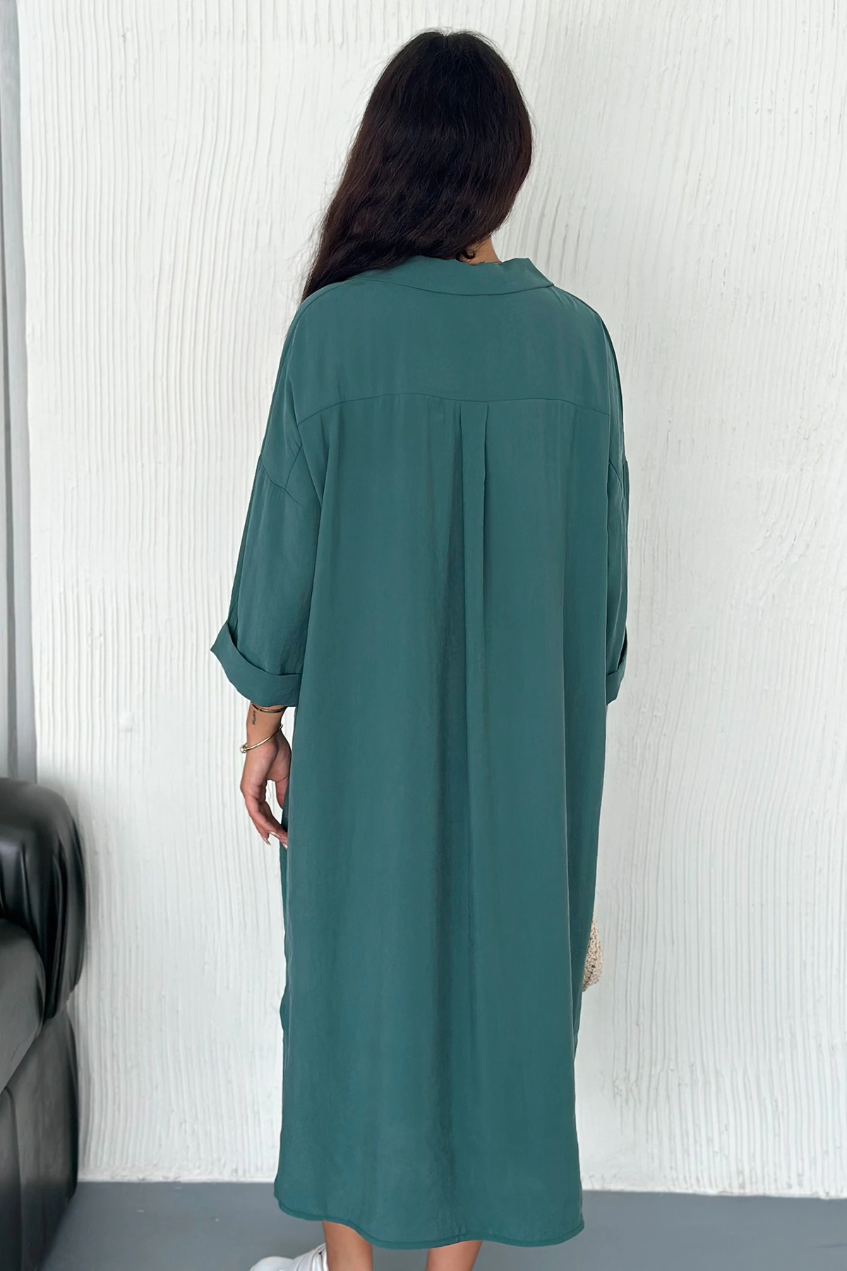 Kadın Oversize Modal Gömlek Elbise – Cepli, Düğmeli, Yazlık Rahat Model Çağla