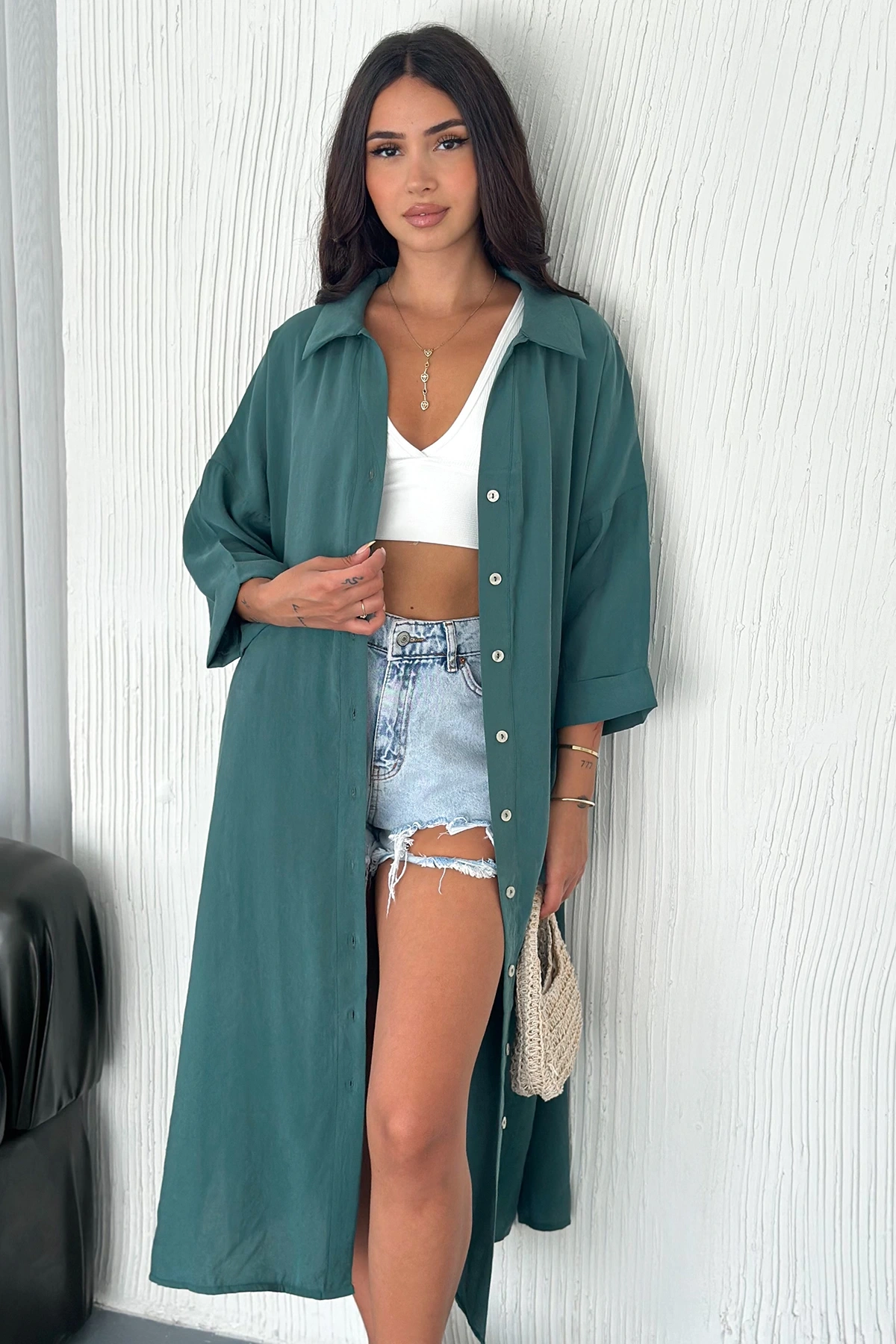 Kadın Oversize Modal Gömlek Elbise – Cepli, Düğmeli, Yazlık Rahat Model Çağla