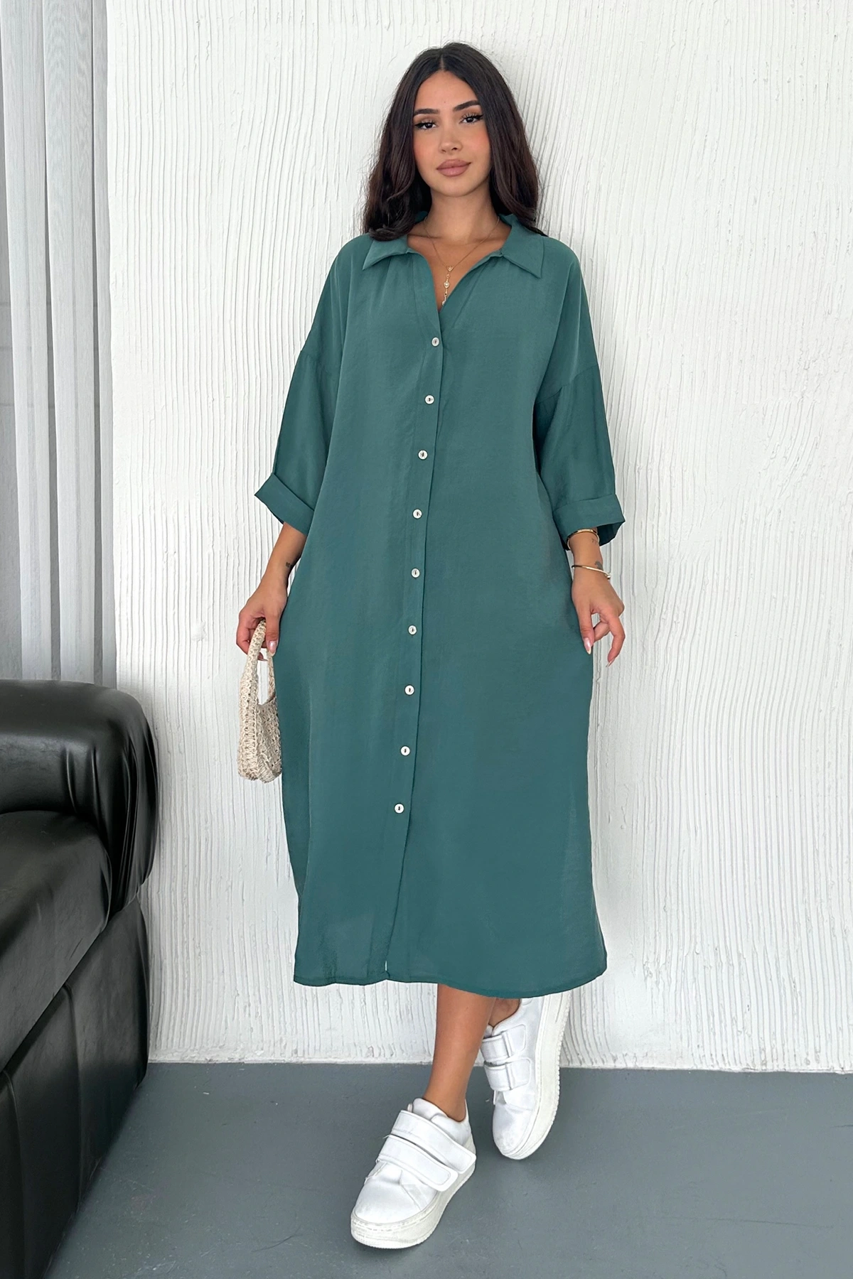 Kadın Oversize Modal Gömlek Elbise – Cepli, Düğmeli, Yazlık Rahat Model Çağla