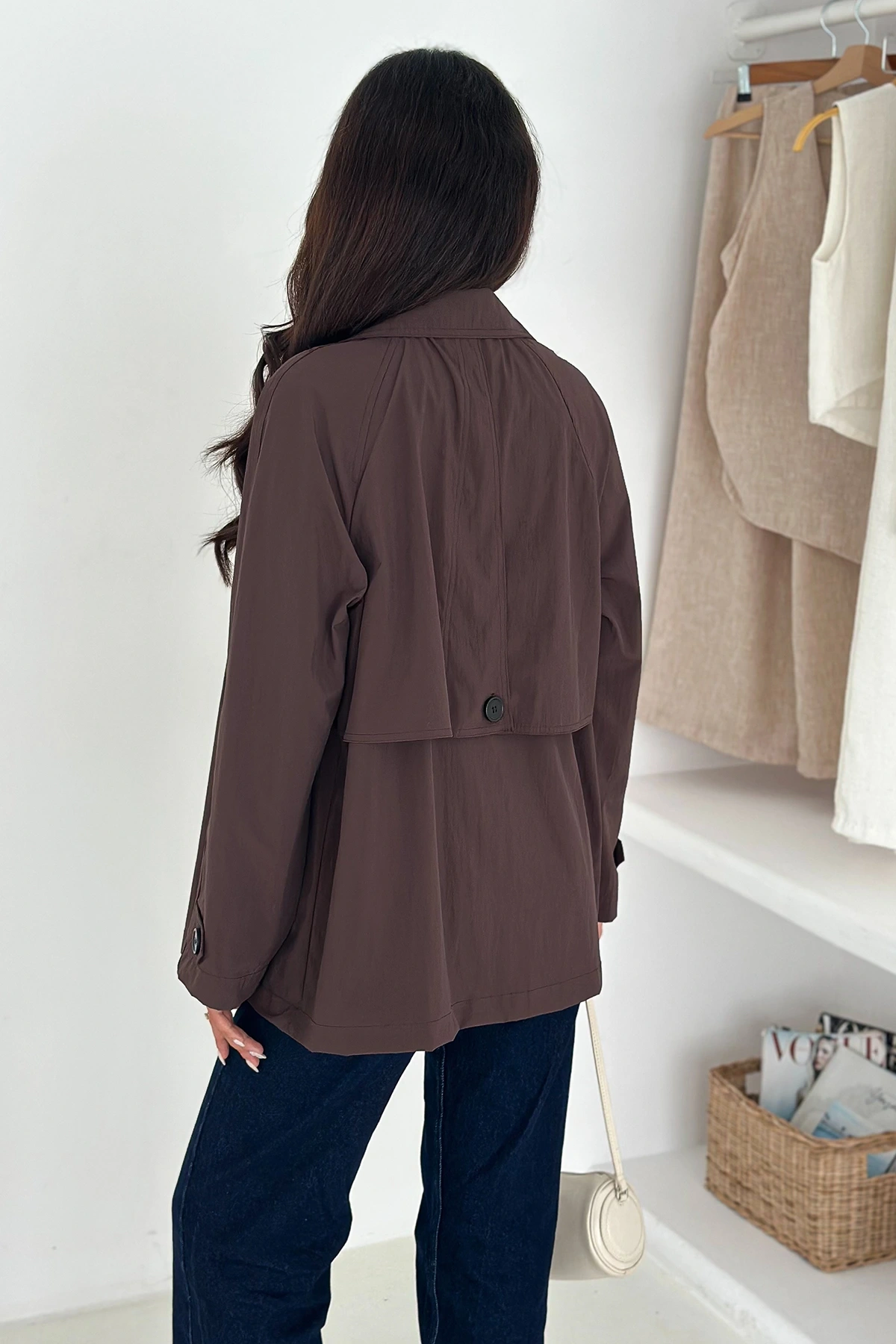 Kısa Trençkot Düğmeli Acı Kahve