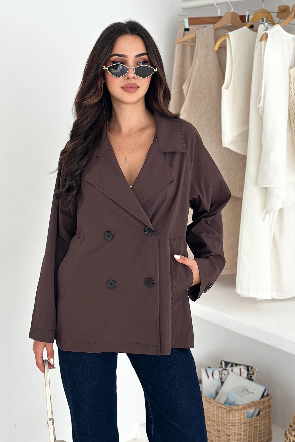 Kısa Trençkot Düğmeli Acı Kahve