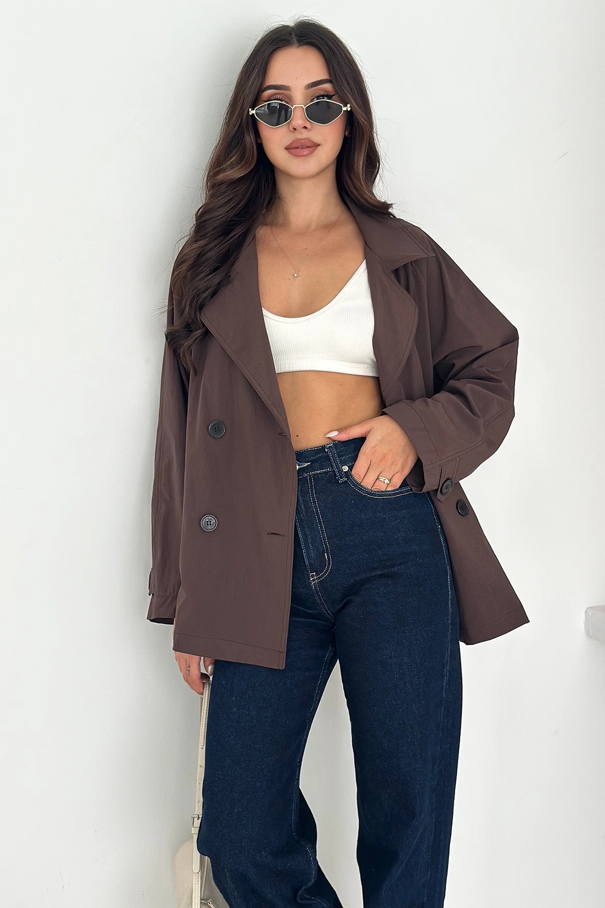 Kısa Trençkot Düğmeli Acı Kahve