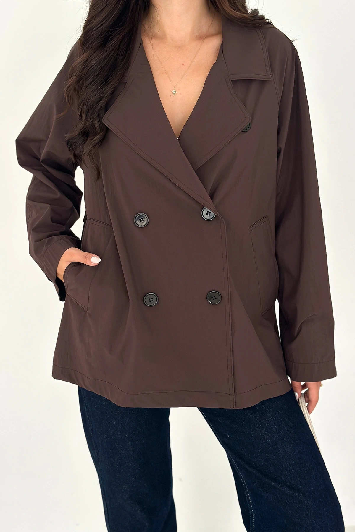 Kısa Trençkot Düğmeli Acı Kahve