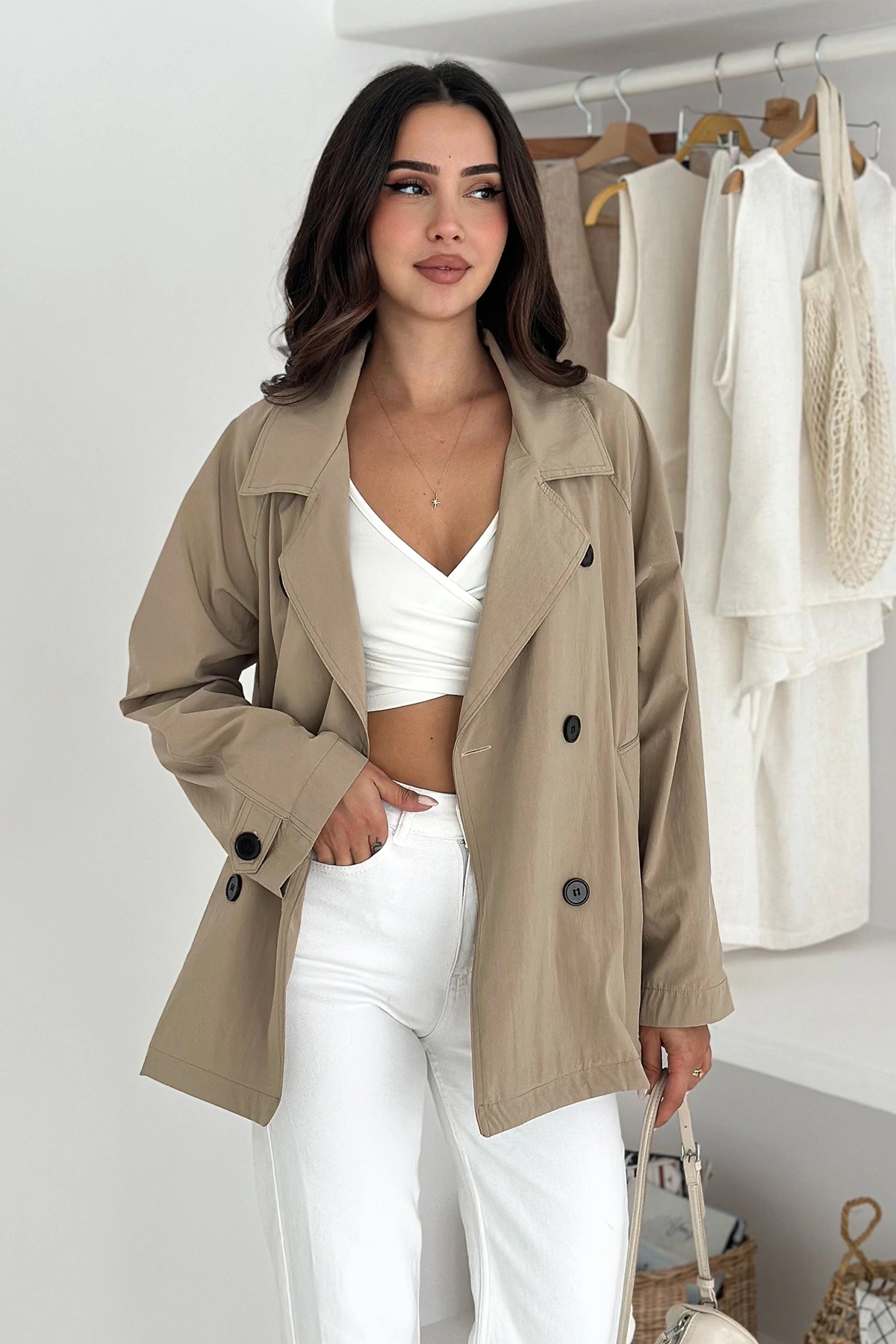 Kısa Trençkot Düğmeli Taş