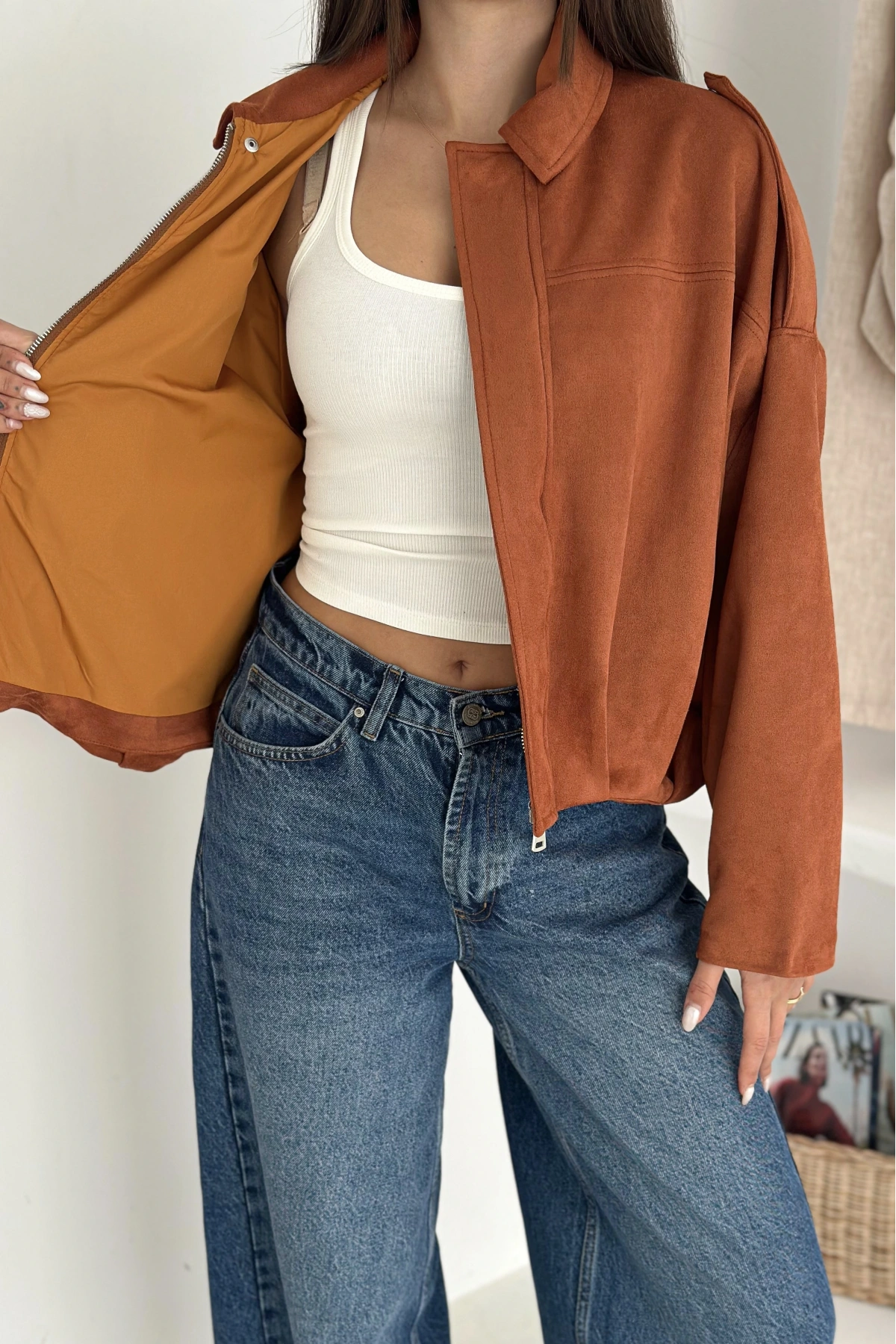 Oversize Astarlı Bomber Süet Ceket