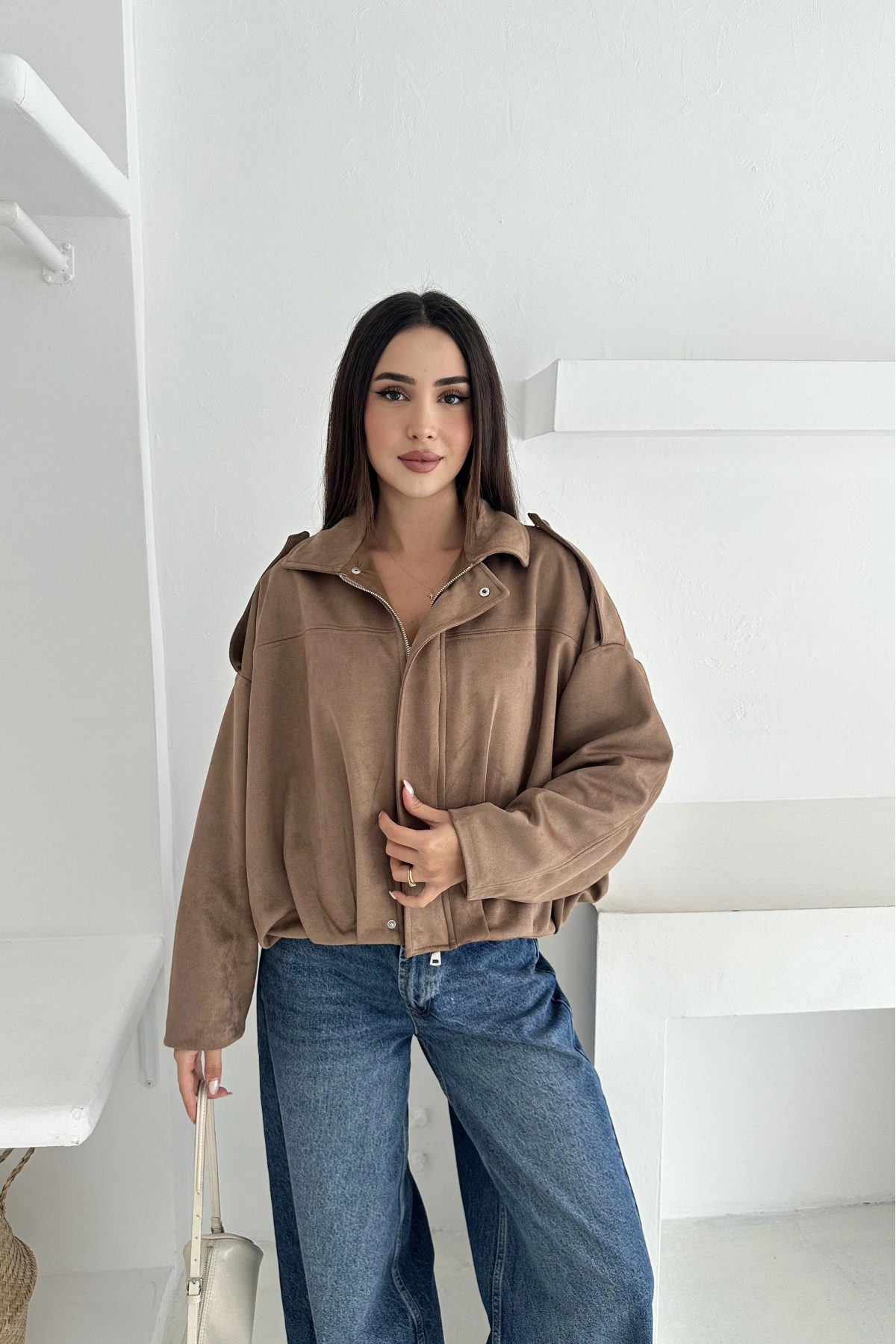 Oversize Astarlı Bomber Süet Ceket