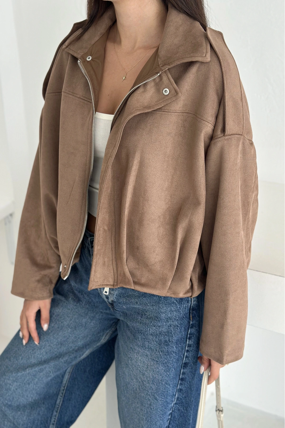 Oversize Astarlı Bomber Süet Ceket