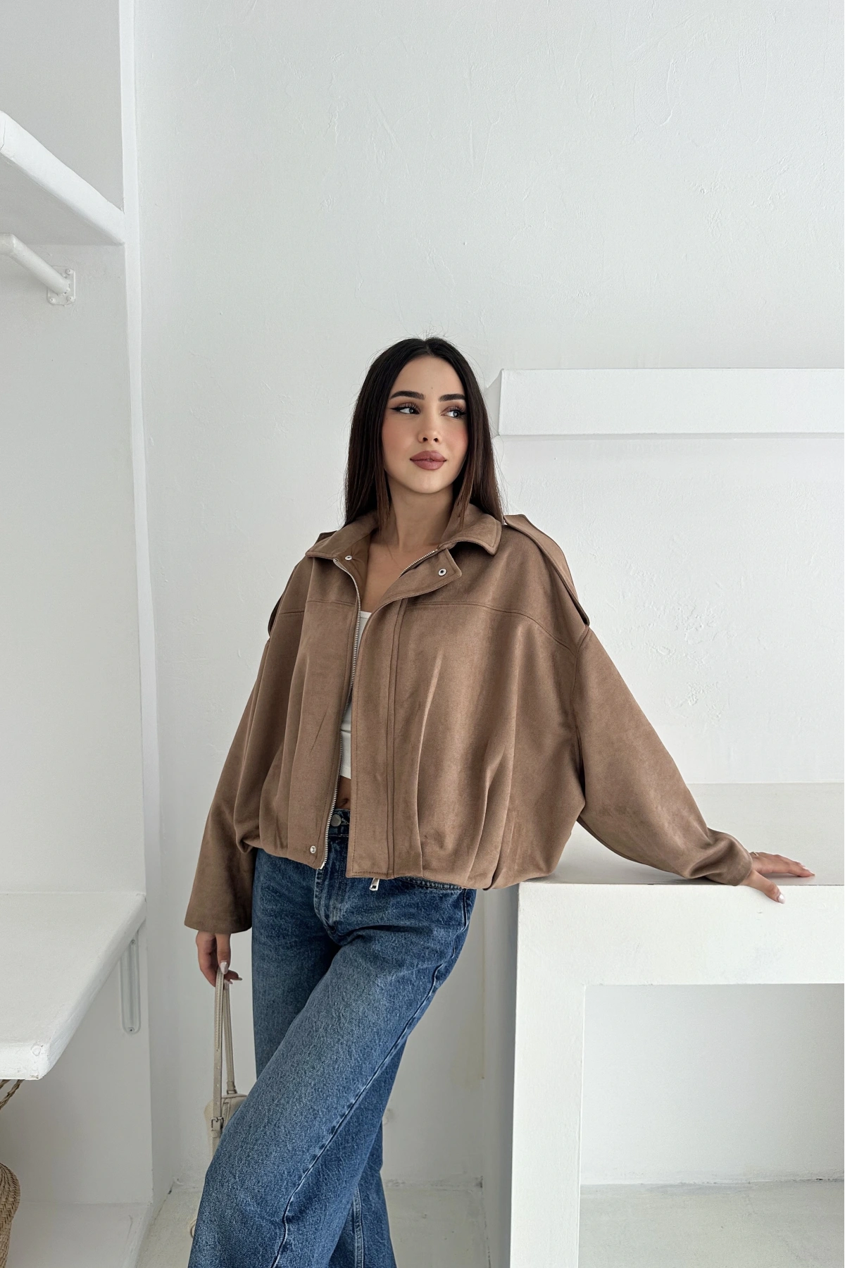 Oversize Astarlı Bomber Süet Ceket