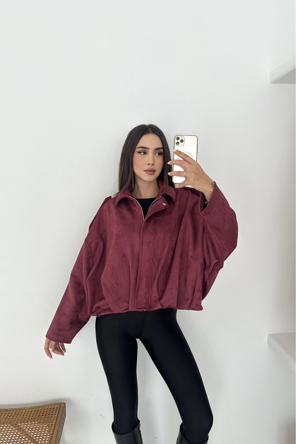 Oversize Astarlı Bomber Süet Ceket