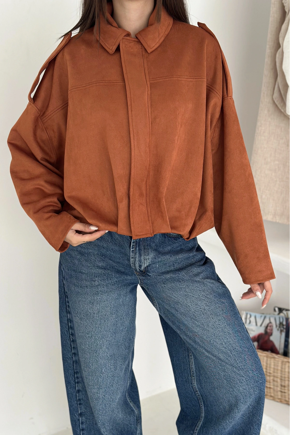 Oversize Astarlı Bomber Süet Ceket