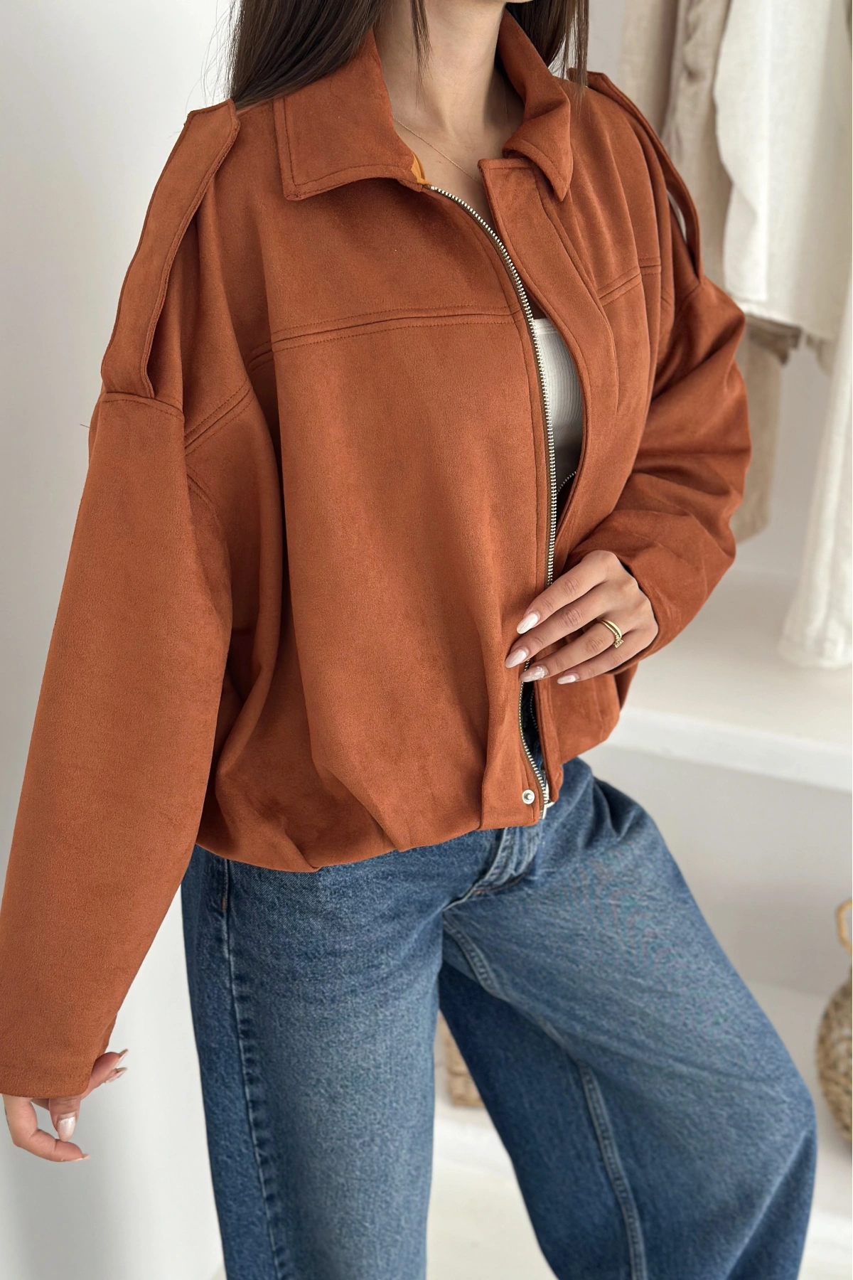 Oversize Astarlı Bomber Süet Ceket