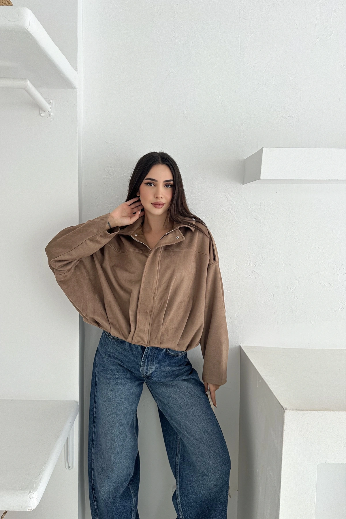 Oversize Astarlı Bomber Süet Ceket