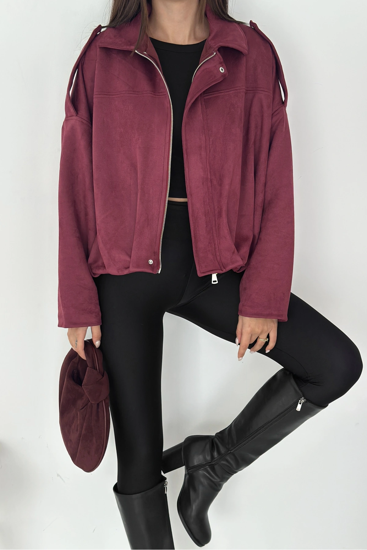 Oversize Astarlı Bomber Süet Ceket