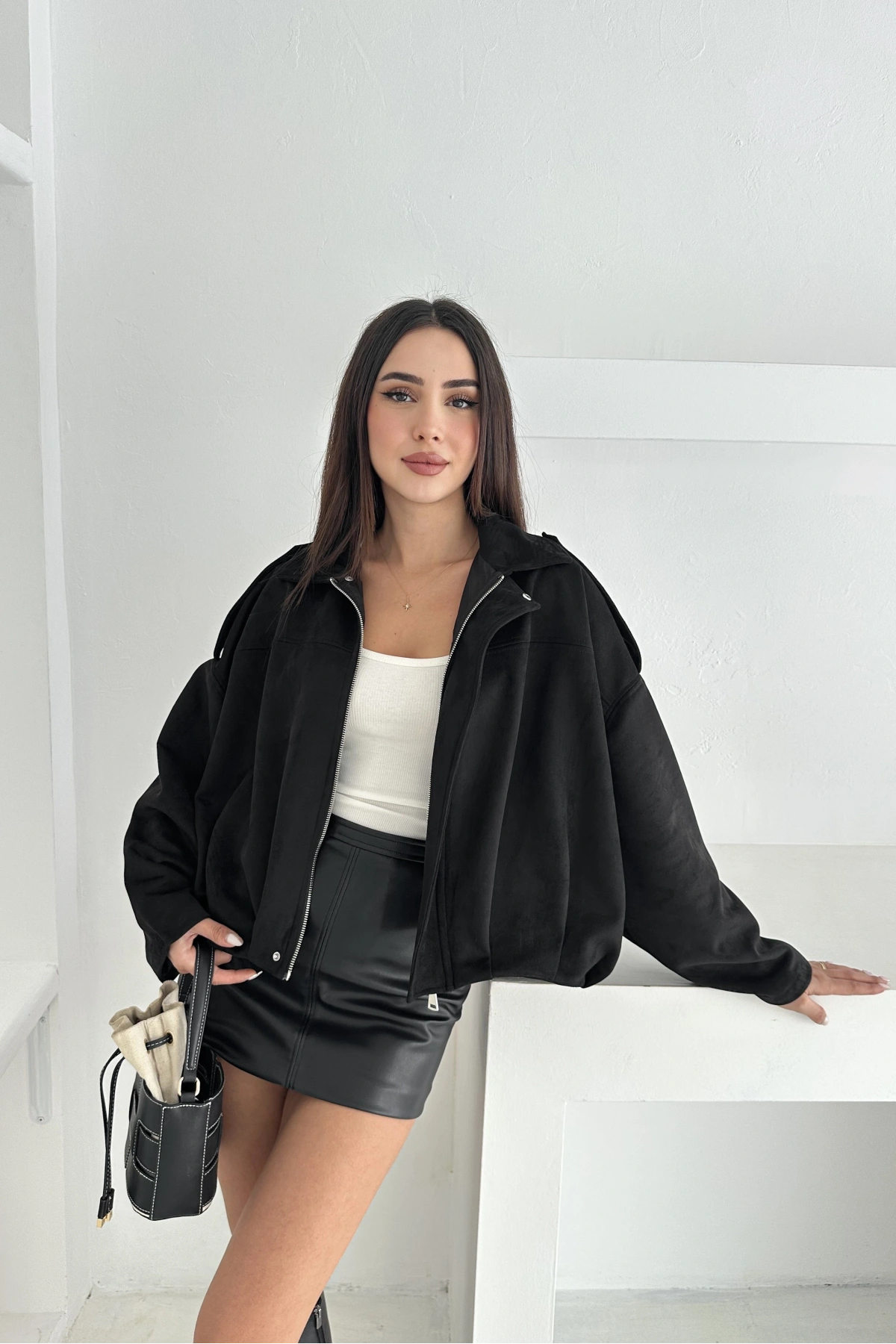 Oversize Astarlı Bomber Süet Ceket