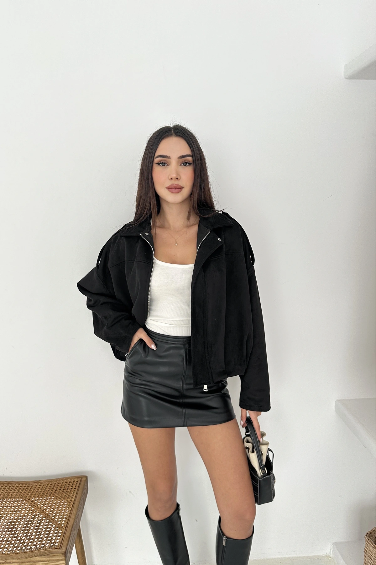 Oversize Astarlı Bomber Süet Ceket