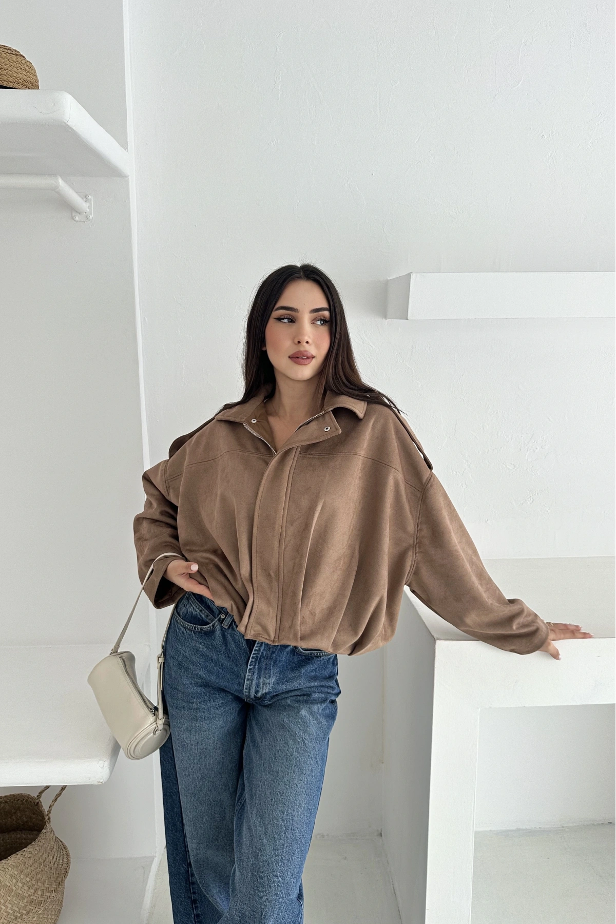 Oversize Astarlı Bomber Süet Ceket