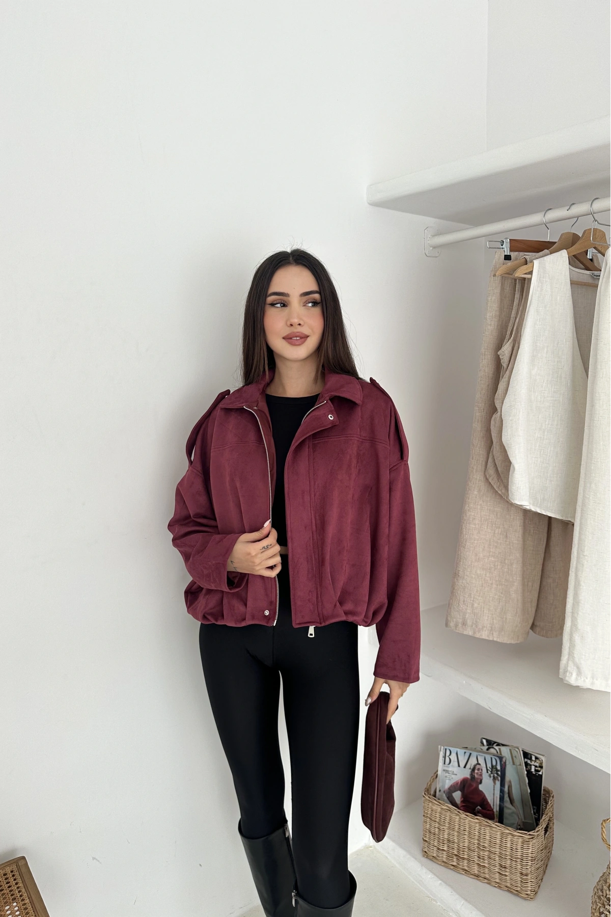 Oversize Astarlı Bomber Süet Ceket