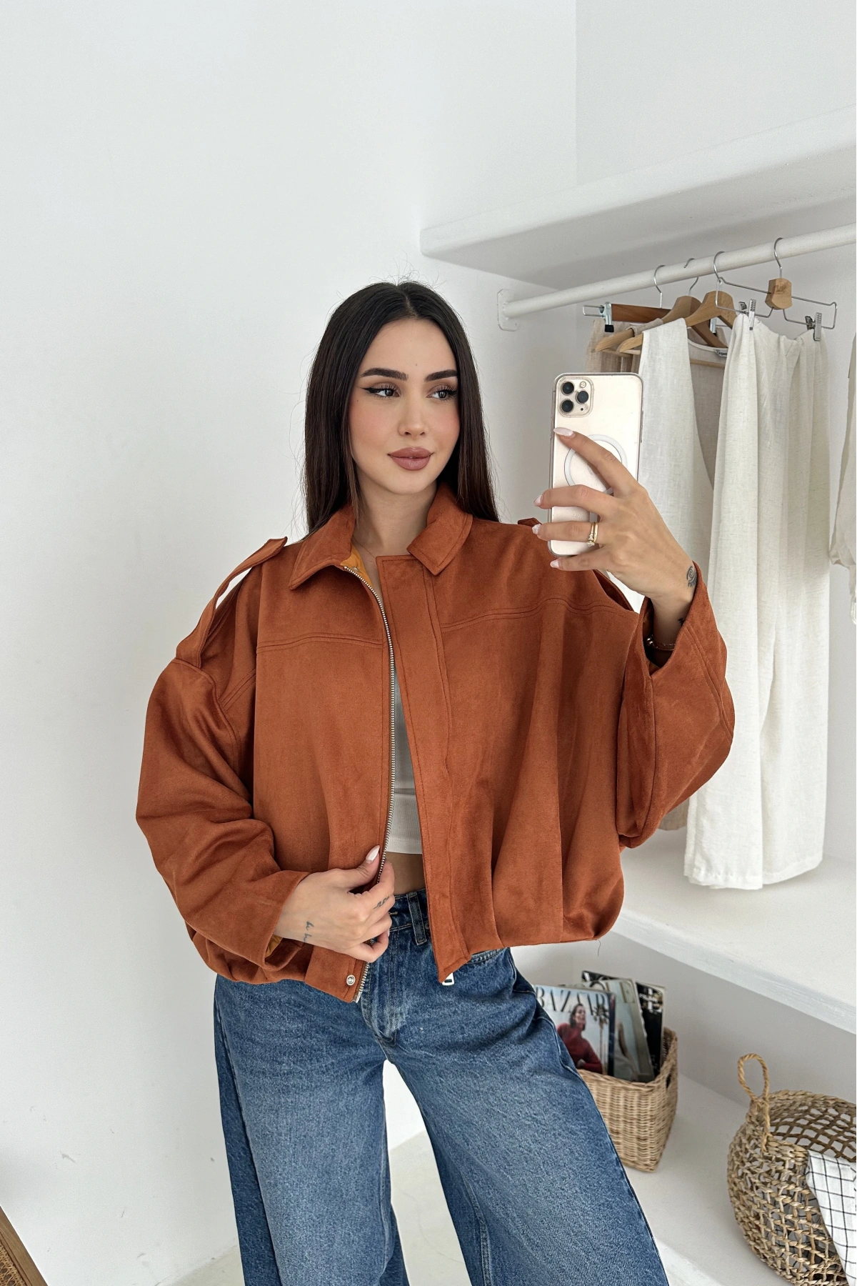 Oversize Astarlı Bomber Süet Ceket