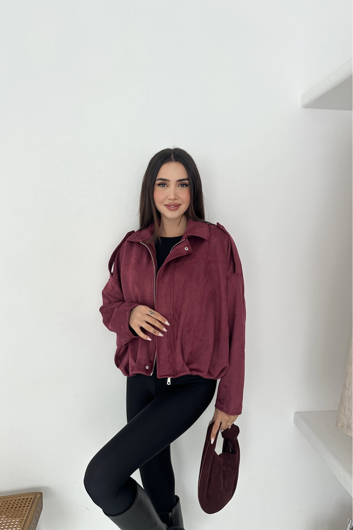 Oversize Astarlı Bomber Süet Ceket