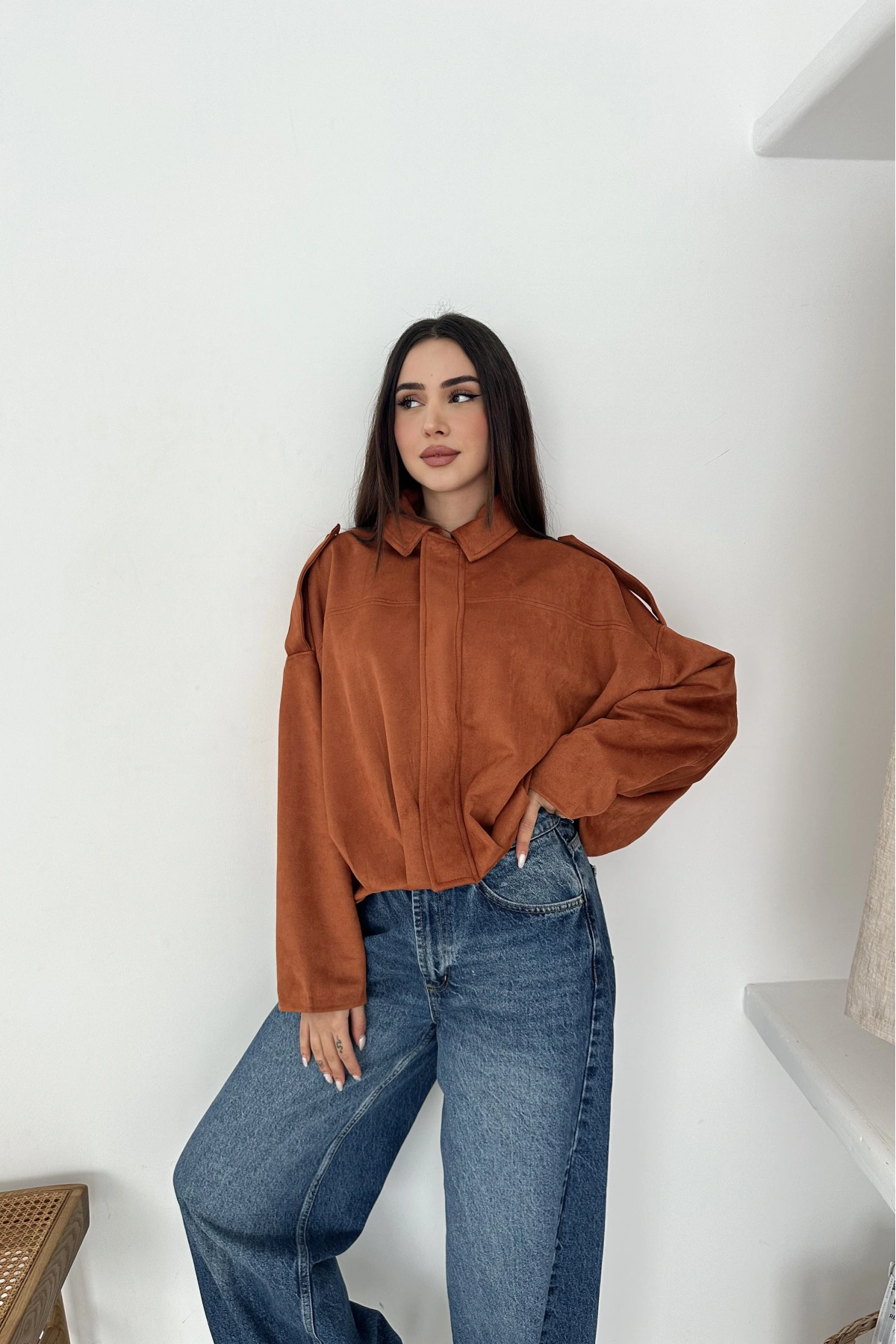 Oversize Astarlı Bomber Süet Ceket