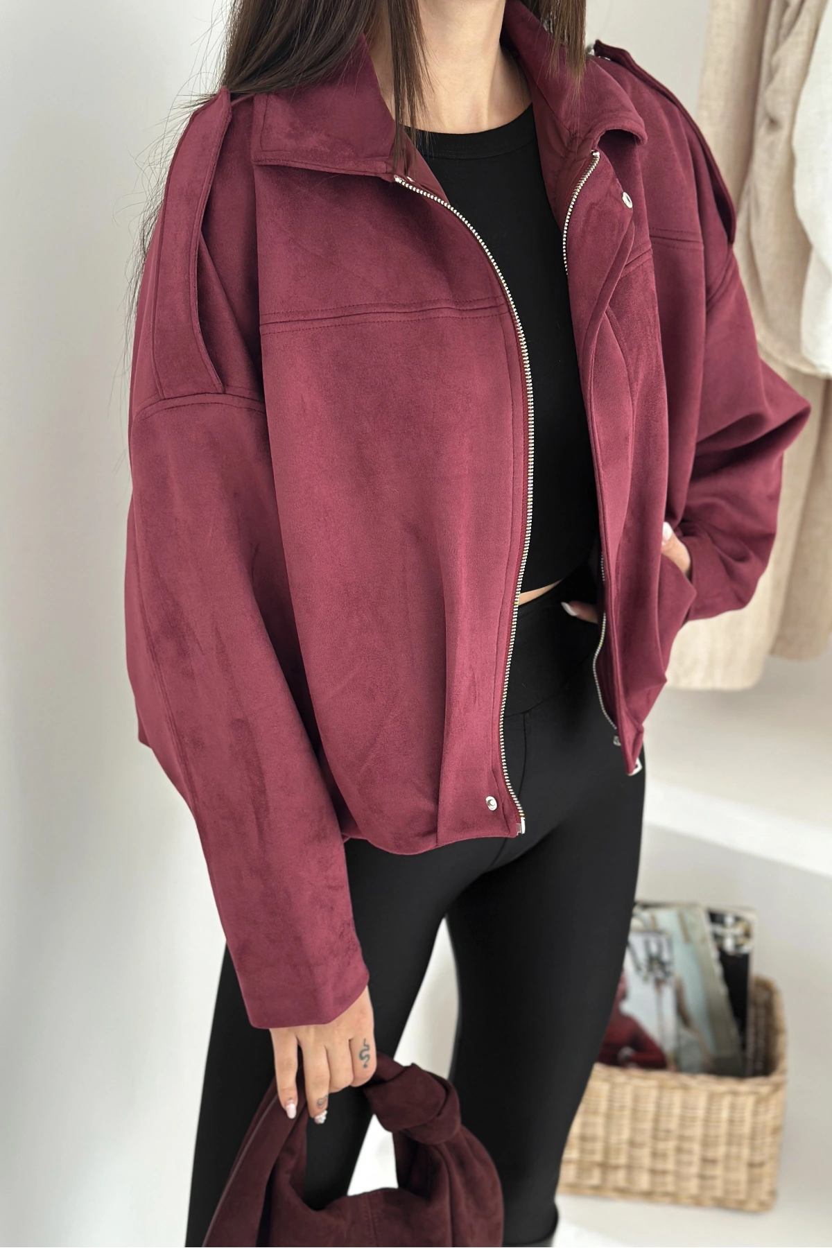 Oversize Astarlı Bomber Süet Ceket