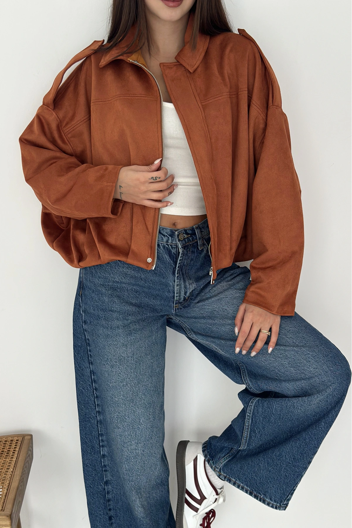 Oversize Astarlı Bomber Süet Ceket