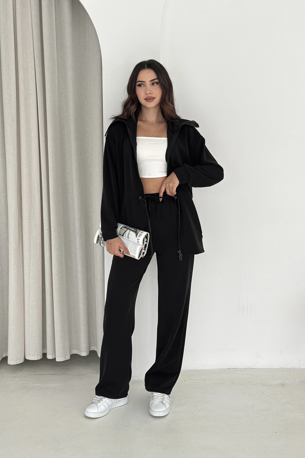 Şal Yaka Çift Fermuarlı Stoperli Modal Takım