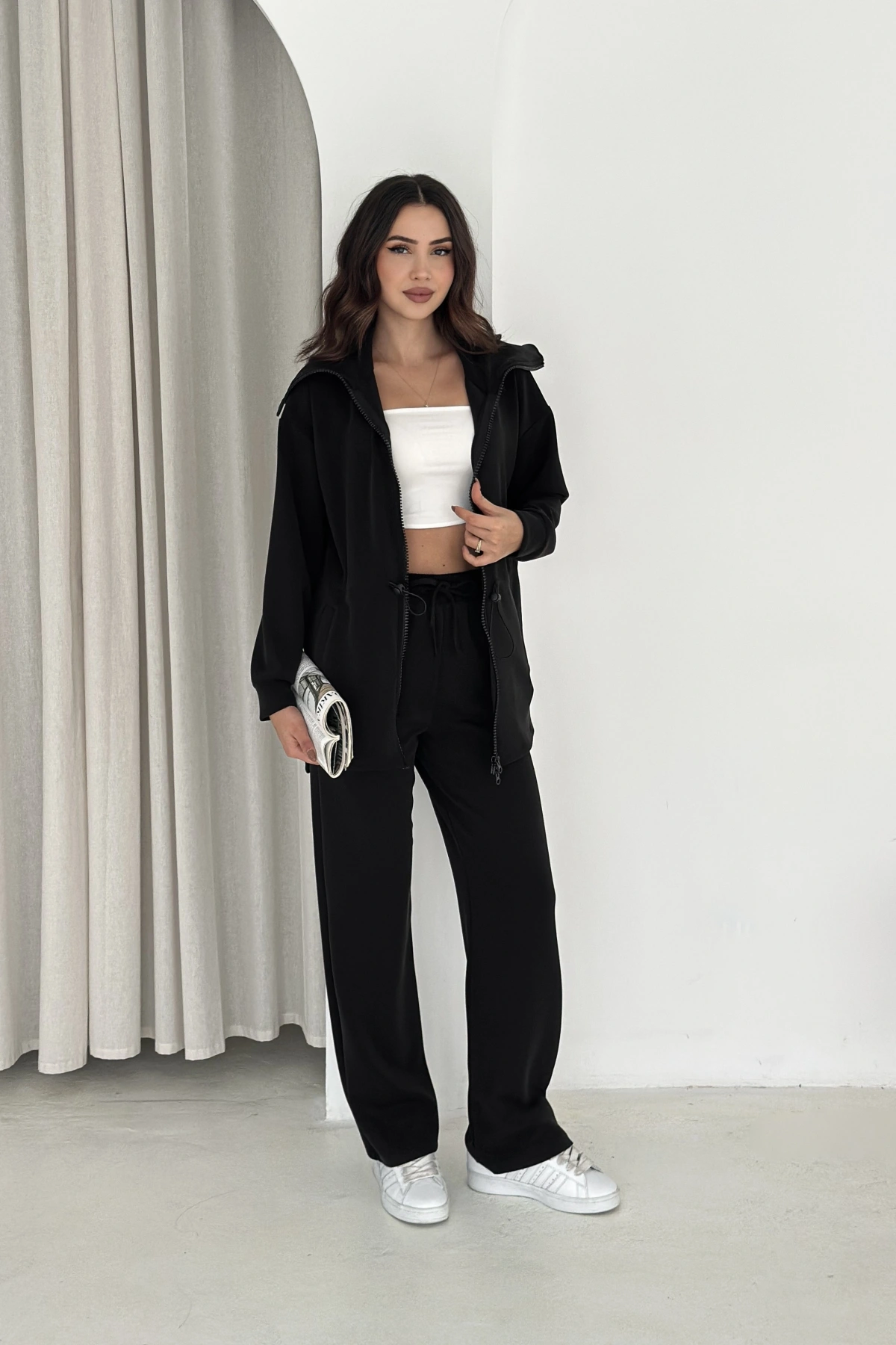 Şal Yaka Çift Fermuarlı Stoperli Modal Takım