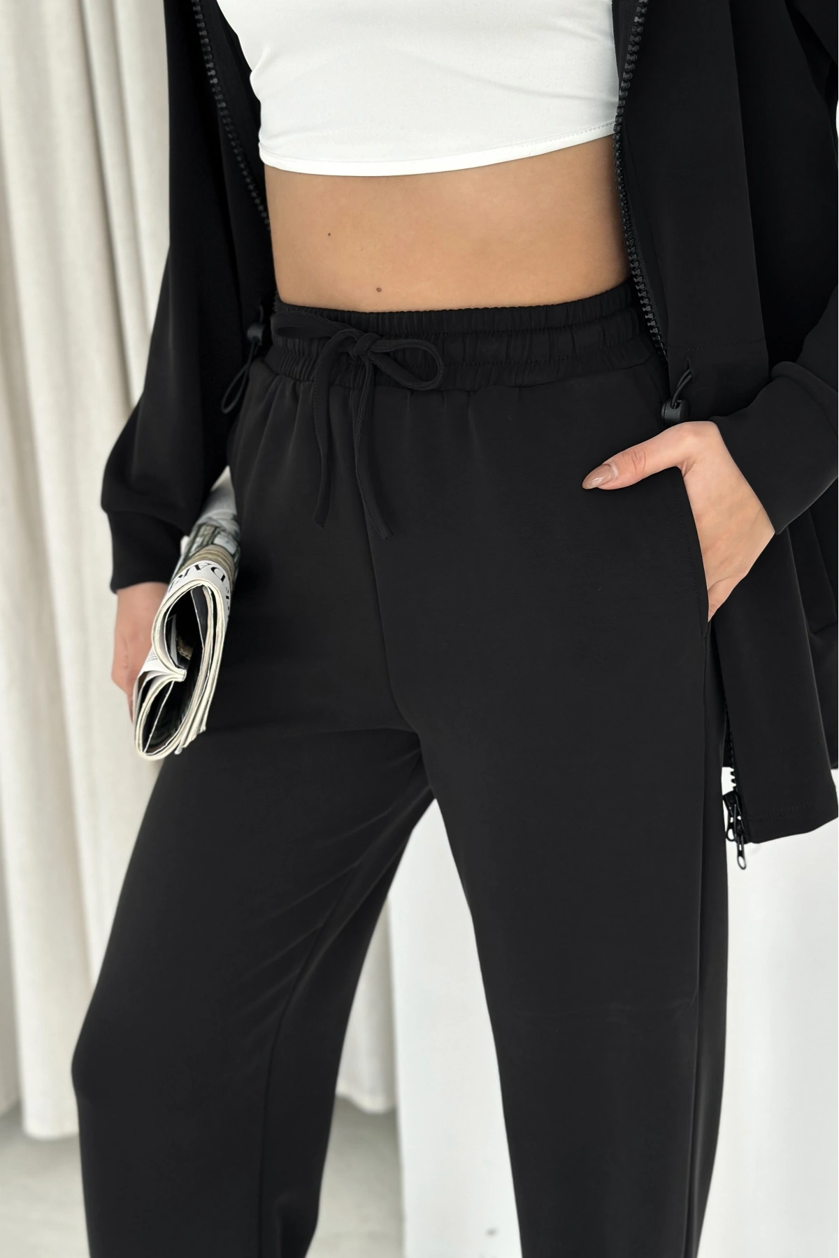 Şal Yaka Çift Fermuarlı Stoperli Modal Takım