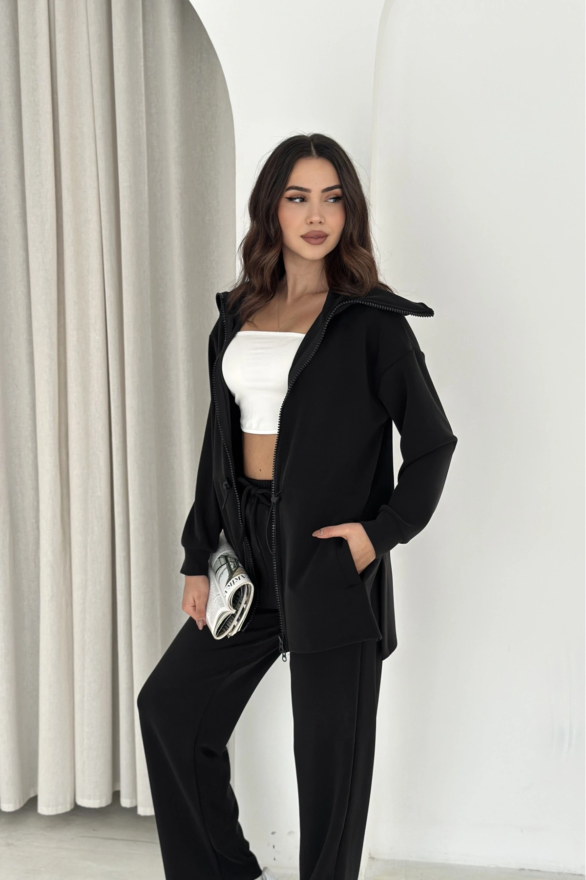 Şal Yaka Çift Fermuarlı Stoperli Modal Takım