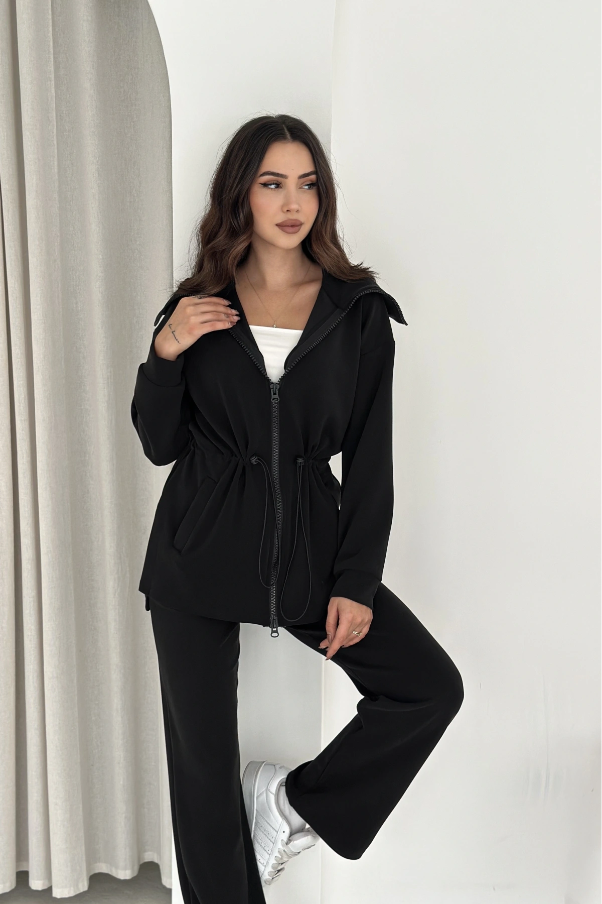 Şal Yaka Çift Fermuarlı Stoperli Modal Takım