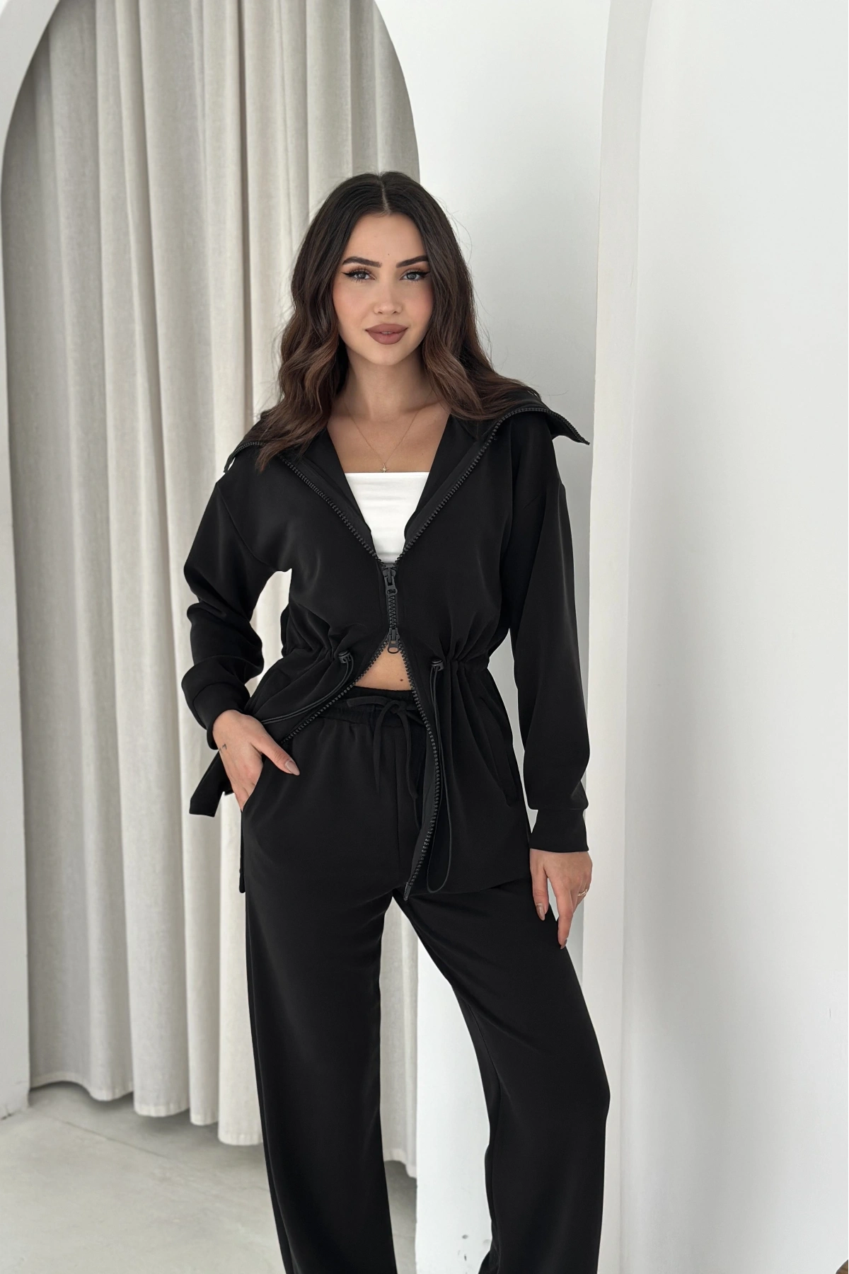 Şal Yaka Çift Fermuarlı Stoperli Modal Takım