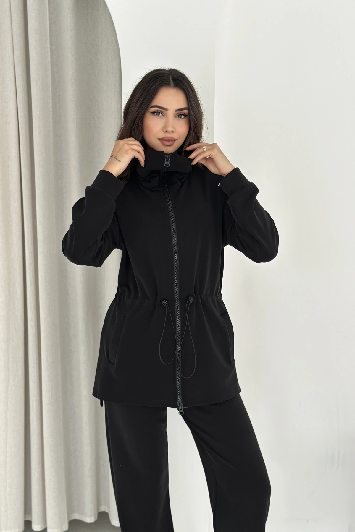 Şal Yaka Çift Fermuarlı Stoperli Modal Takım