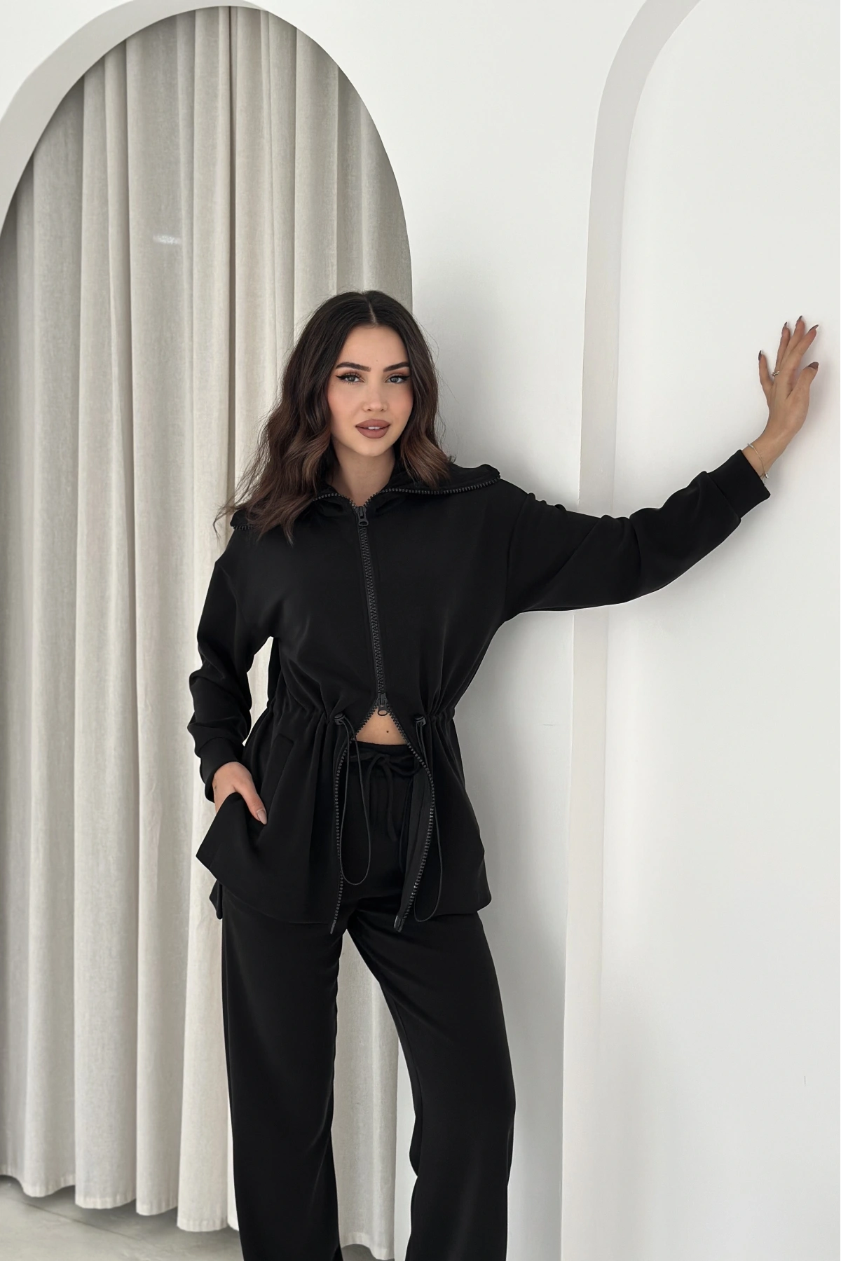 Şal Yaka Çift Fermuarlı Stoperli Modal Takım